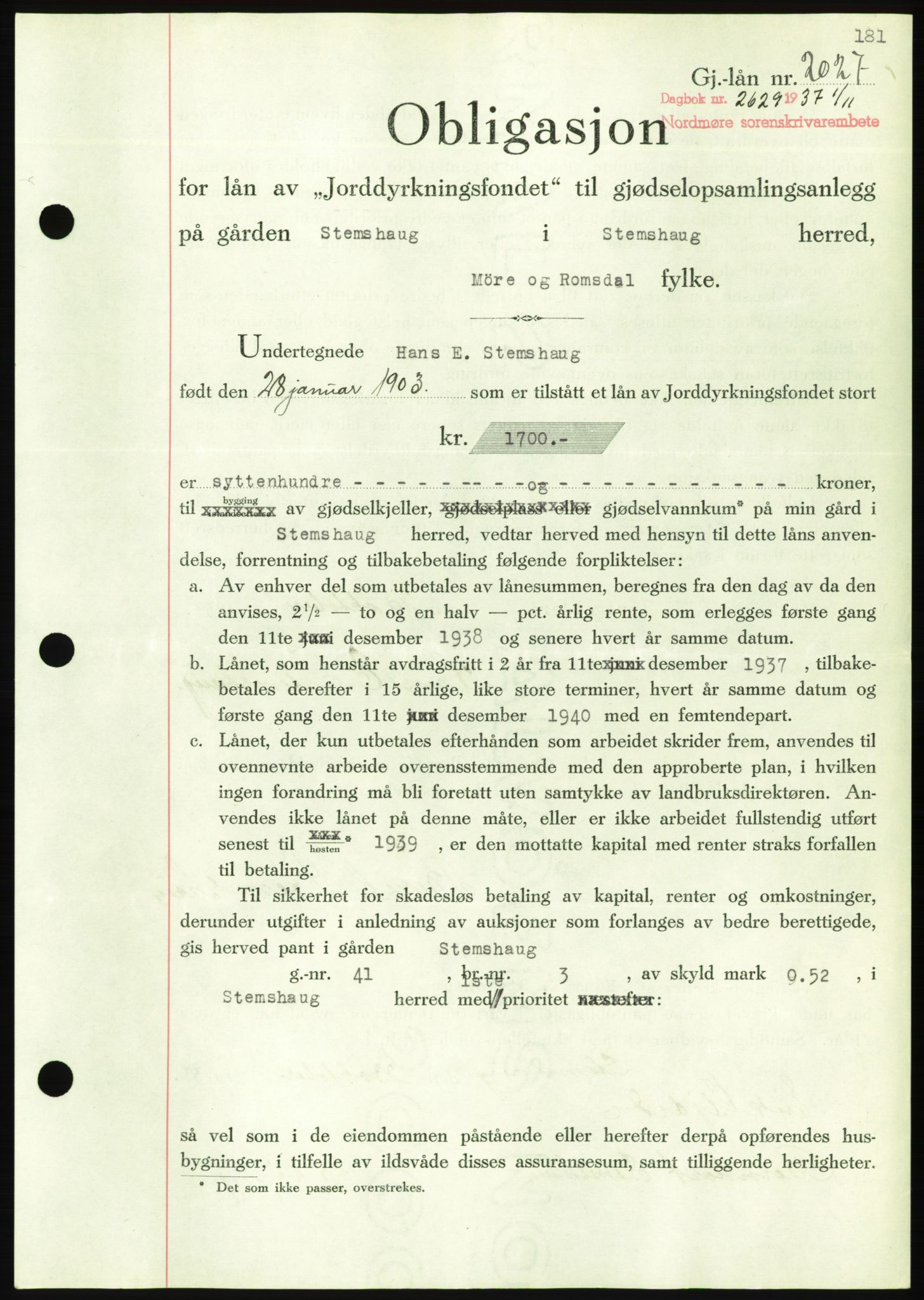 Nordmøre sorenskriveri, AV/SAT-A-4132/1/2/2Ca/L0092: Pantebok nr. B82, 1937-1938, Dagboknr: 2629/1937