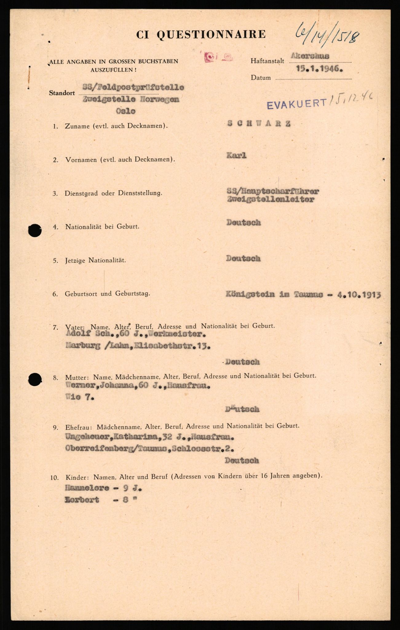 Forsvaret, Forsvarets overkommando II, RA/RAFA-3915/D/Db/L0031: CI Questionaires. Tyske okkupasjonsstyrker i Norge. Tyskere., 1945-1946, s. 78