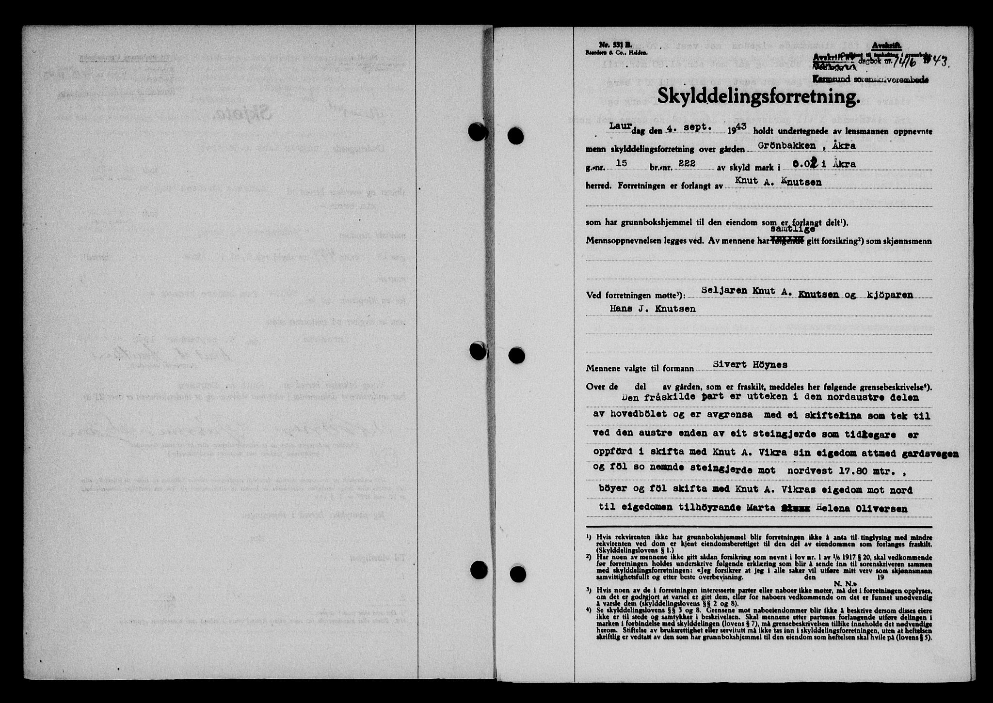 Karmsund sorenskriveri, SAST/A-100311/01/II/IIB/L0080: Pantebok nr. 61A, 1943-1943, Dagboknr: 1416/1943