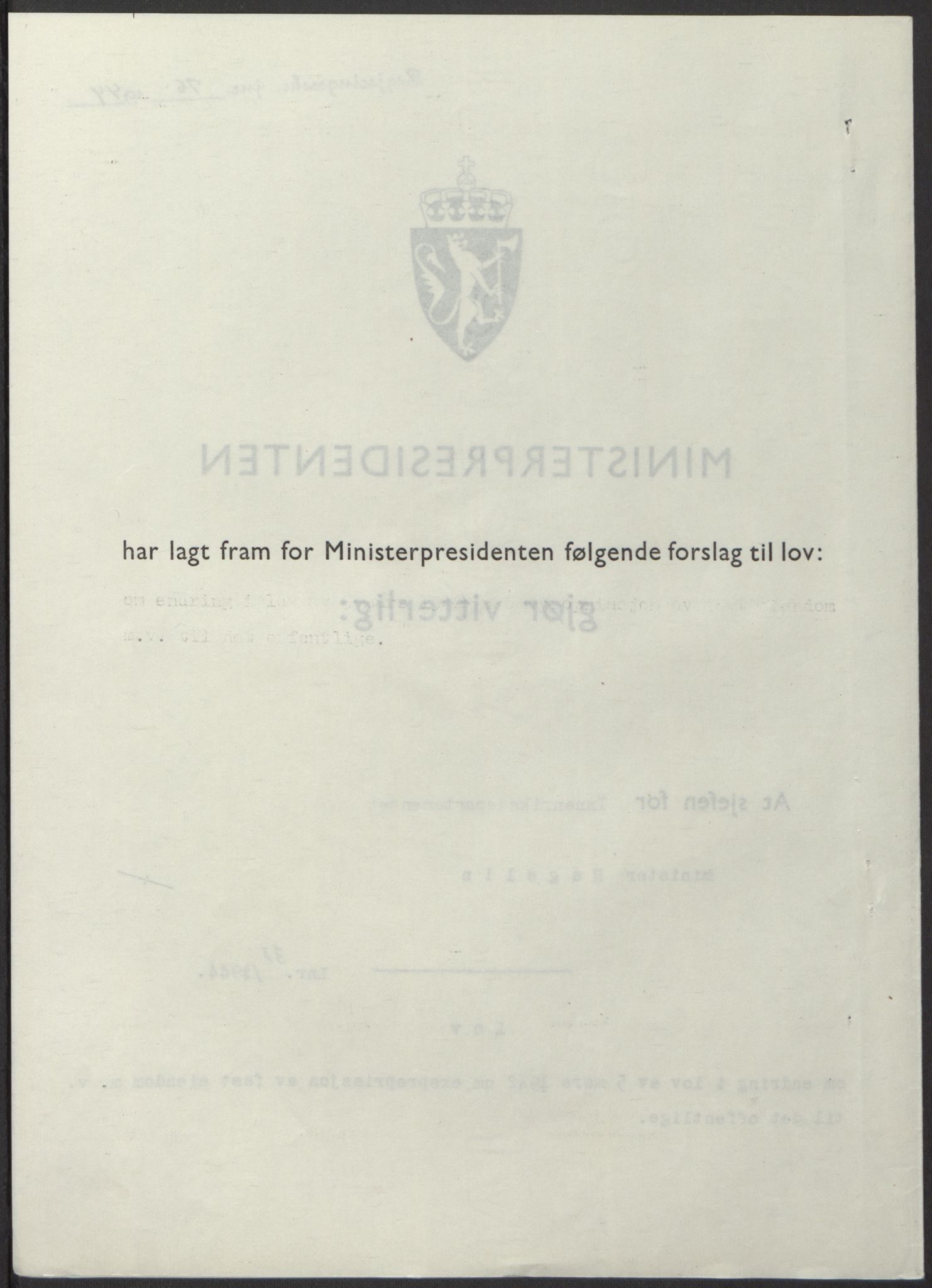 NS-administrasjonen 1940-1945 (Statsrådsekretariatet, de kommisariske statsråder mm), RA/S-4279/D/Db/L0100: Lover, 1944, s. 148