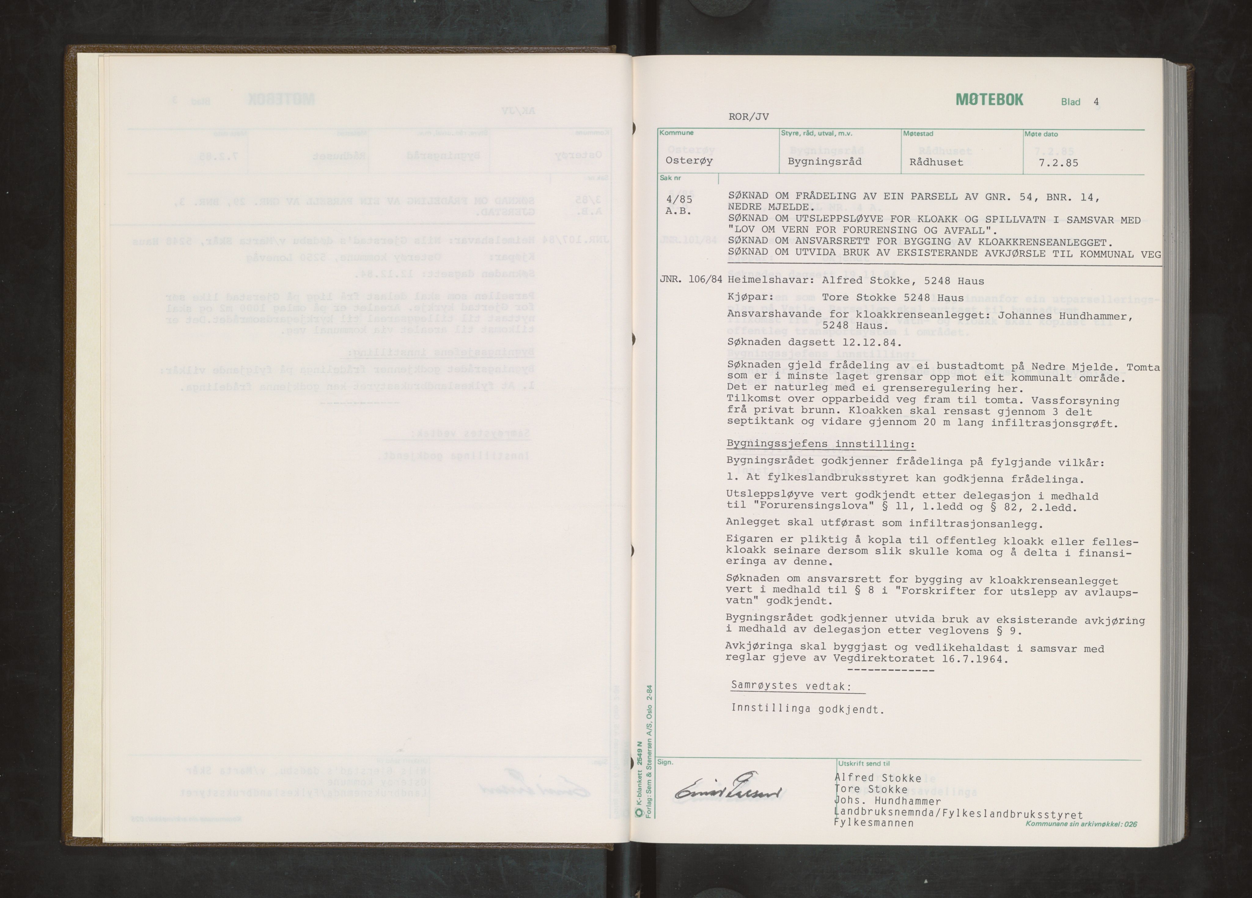 Osterøy kommune. Bygningsrådet, IKAH/1253b-511/A/Aa/L0018: Møtebok Osterøy bygningsråd, 1985