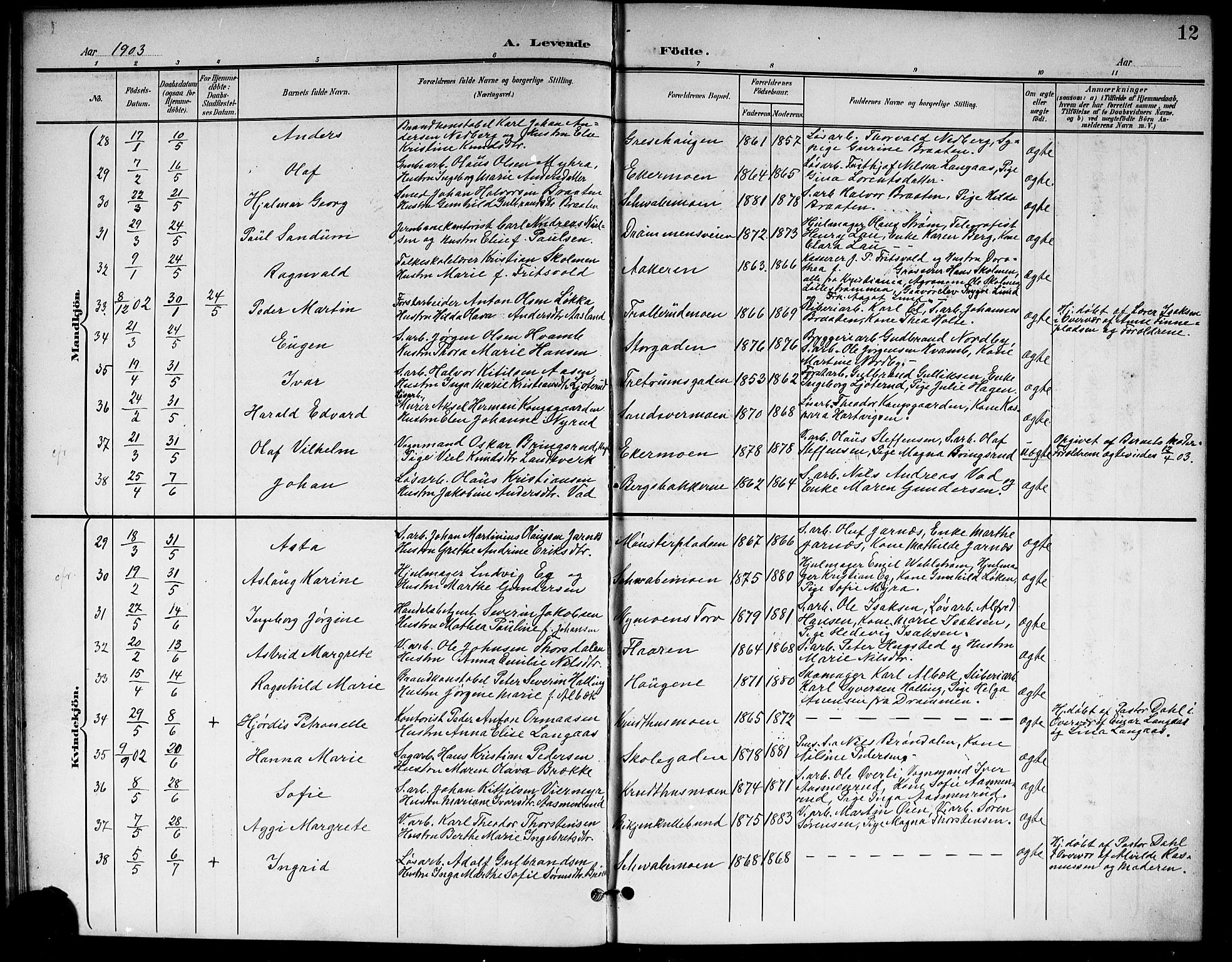 Kongsberg kirkebøker, AV/SAKO-A-22/G/Ga/L0007: Klokkerbok nr. 7, 1901-1915, s. 12