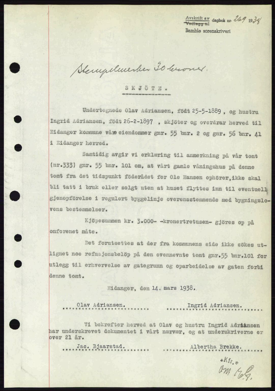 Bamble sorenskriveri, AV/SAKO-A-214/G/Ga/Gag/L0002: Pantebok nr. A-2, 1937-1938, Dagboknr: 269/1938