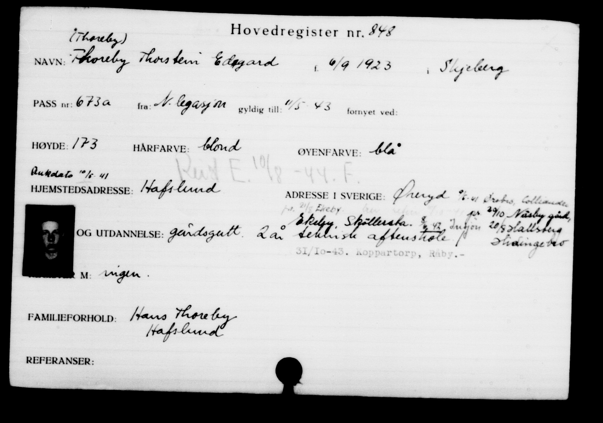 Utenriksstasjonene, Legasjonen i Stockholm, Flyktningkontoret, AV/RA-S-6753/V/Va/L0001: Kjesäterkartoteket, flyktninger med registreringsnr. 1-1000, 1940-1945, s. 1347