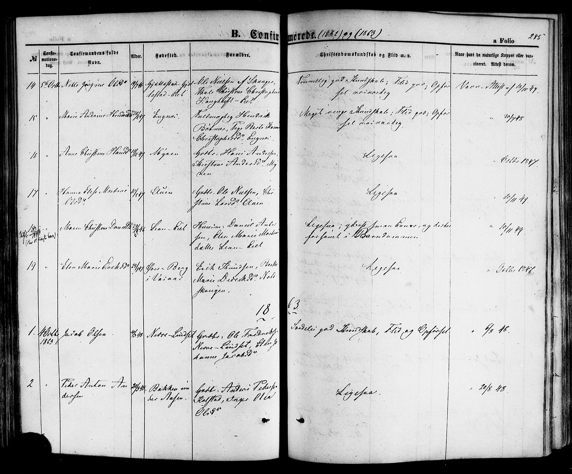 Hof kirkebøker, AV/SAKO-A-64/F/Fa/L0006: Ministerialbok nr. I 6, 1851-1877, s. 285