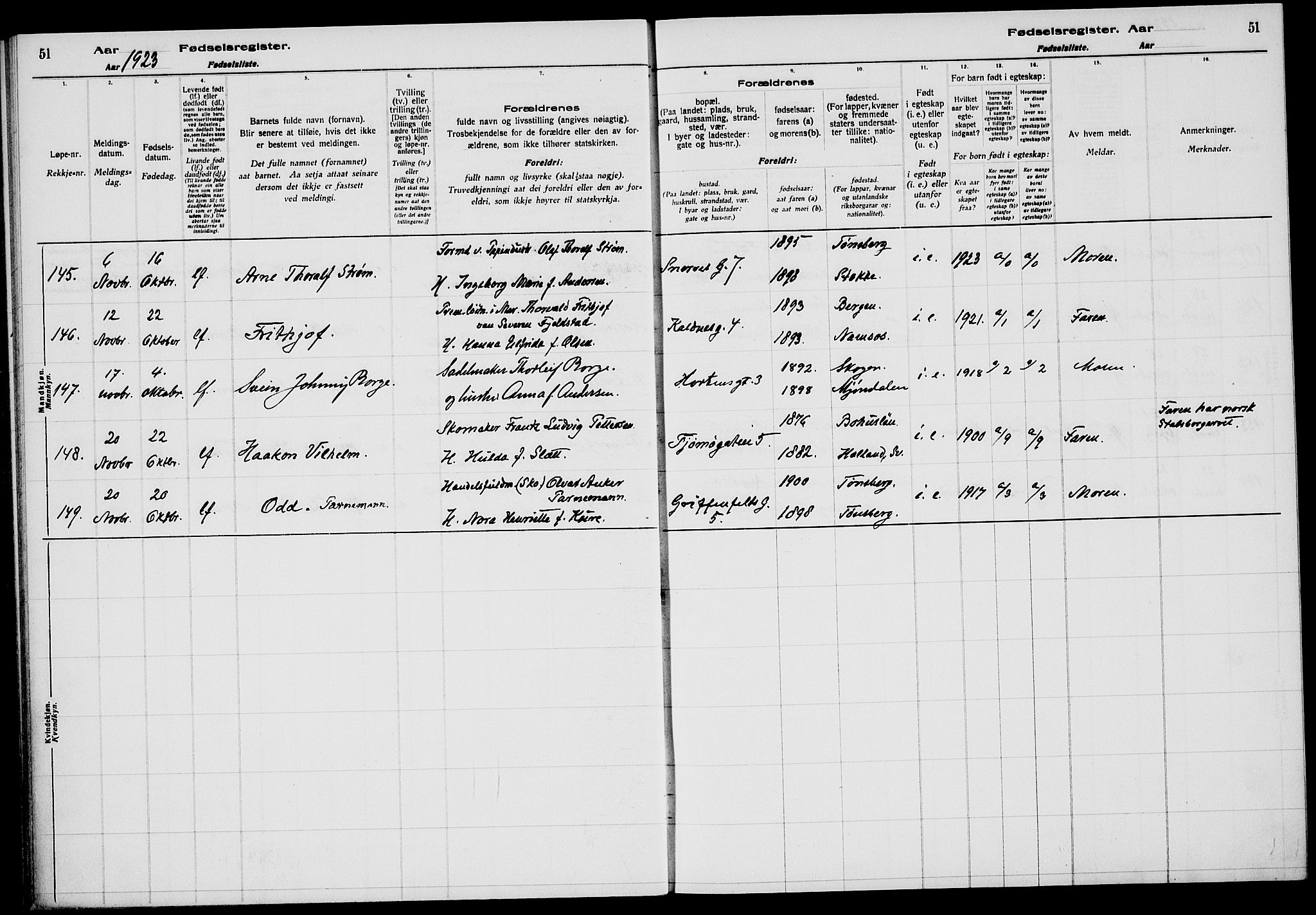 Tønsberg kirkebøker, AV/SAKO-A-330/J/Ja/L0002: Fødselsregister nr. 2, 1922-1928, s. 51