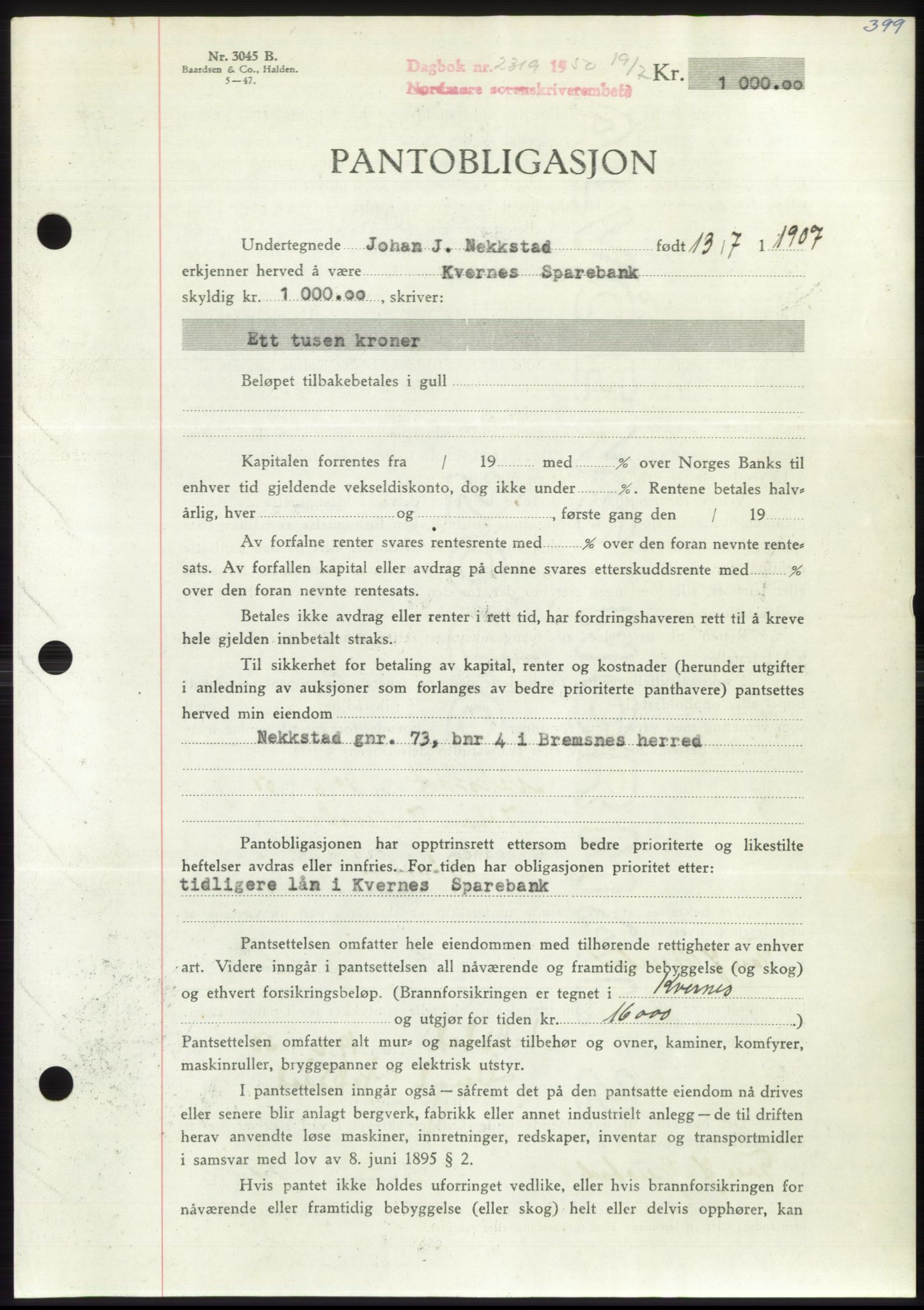 Nordmøre sorenskriveri, AV/SAT-A-4132/1/2/2Ca: Pantebok nr. B105, 1950-1950, Dagboknr: 2319/1950