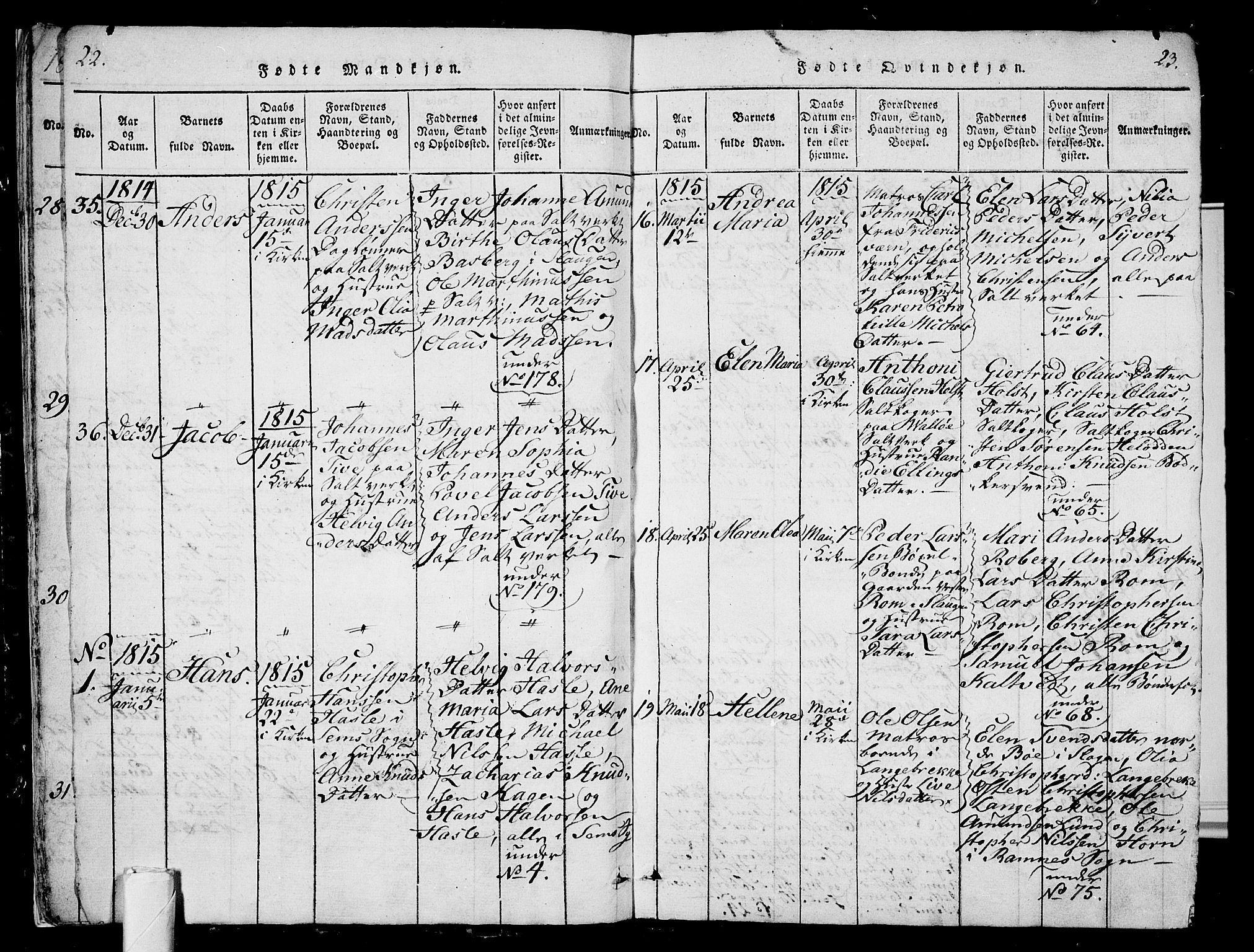 Sem kirkebøker, AV/SAKO-A-5/G/Ga/L0001: Klokkerbok nr. I 1, 1814-1825, s. 22-23