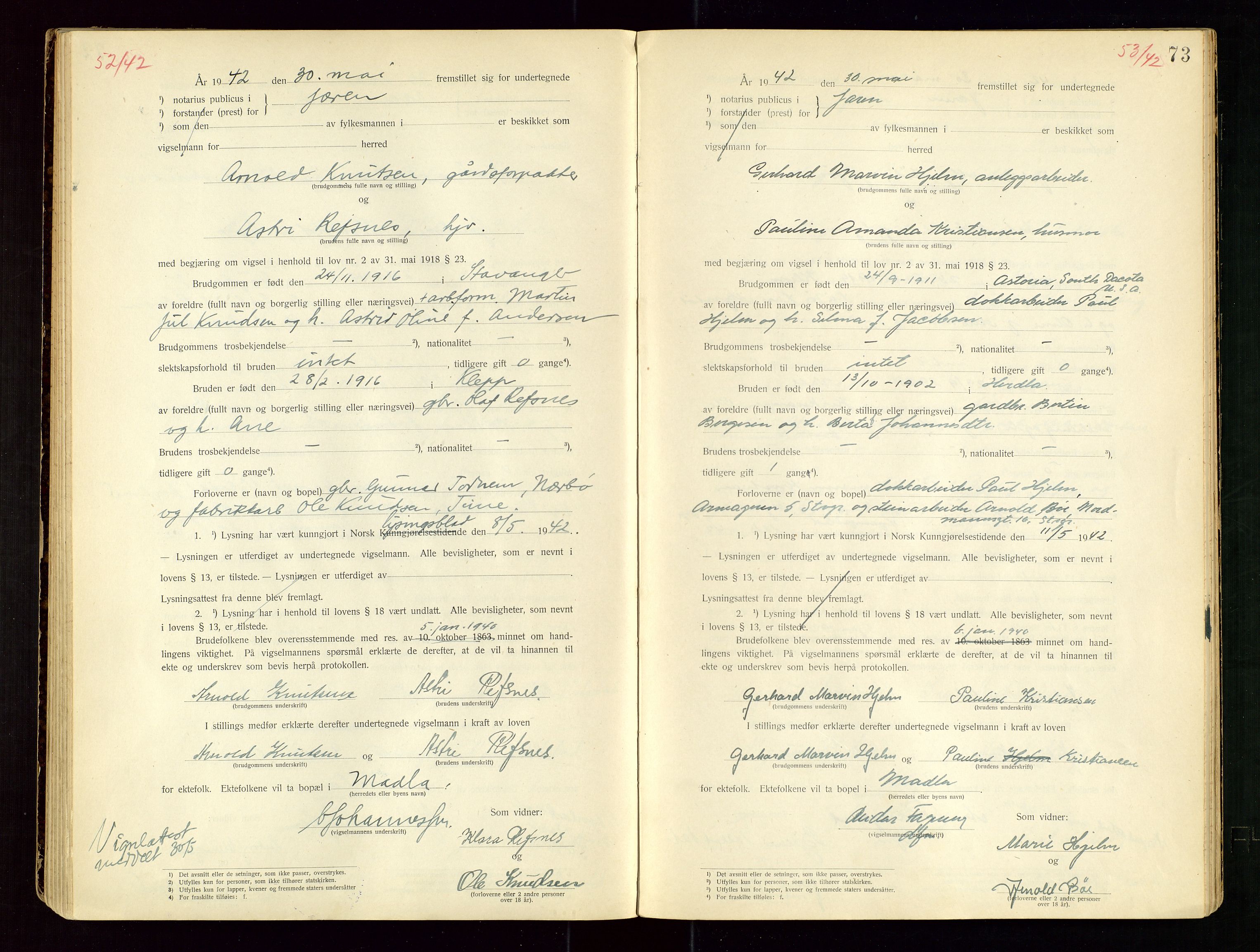Jæren sorenskriveri, AV/SAST-A-100310/01/6/62/62BA/L0002: VIGSELSPROTOKOLL, 1937-1942, s. 73