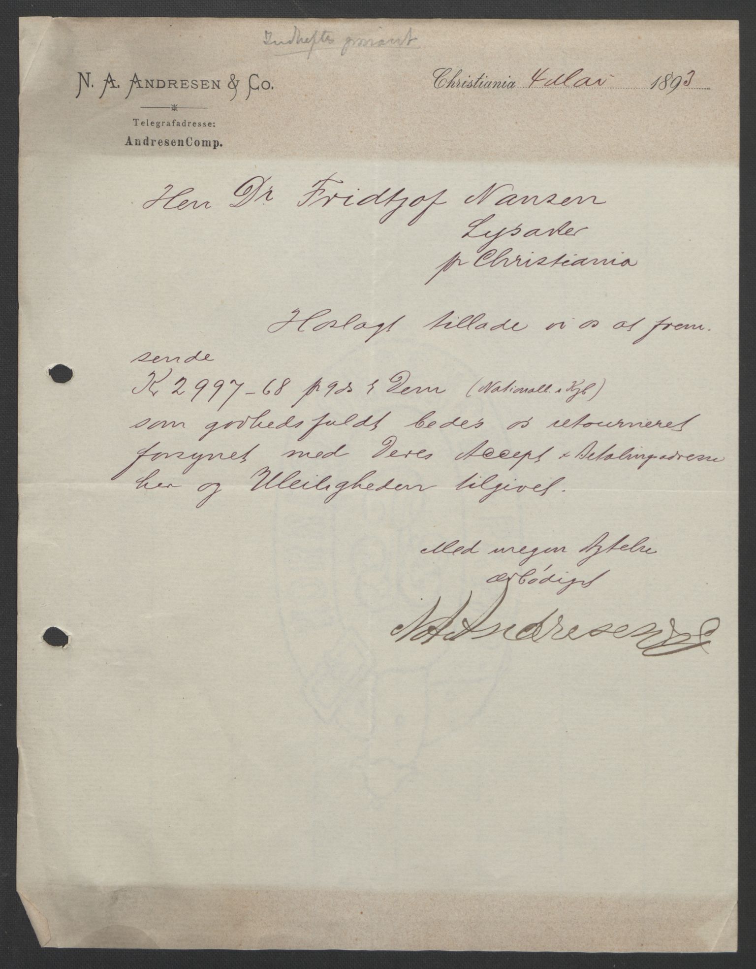 Arbeidskomitéen for Fridtjof Nansens polarekspedisjon, RA/PA-0061/D/L0004: Innk. brev og telegrammer vedr. proviant og utrustning, 1892-1893, s. 595