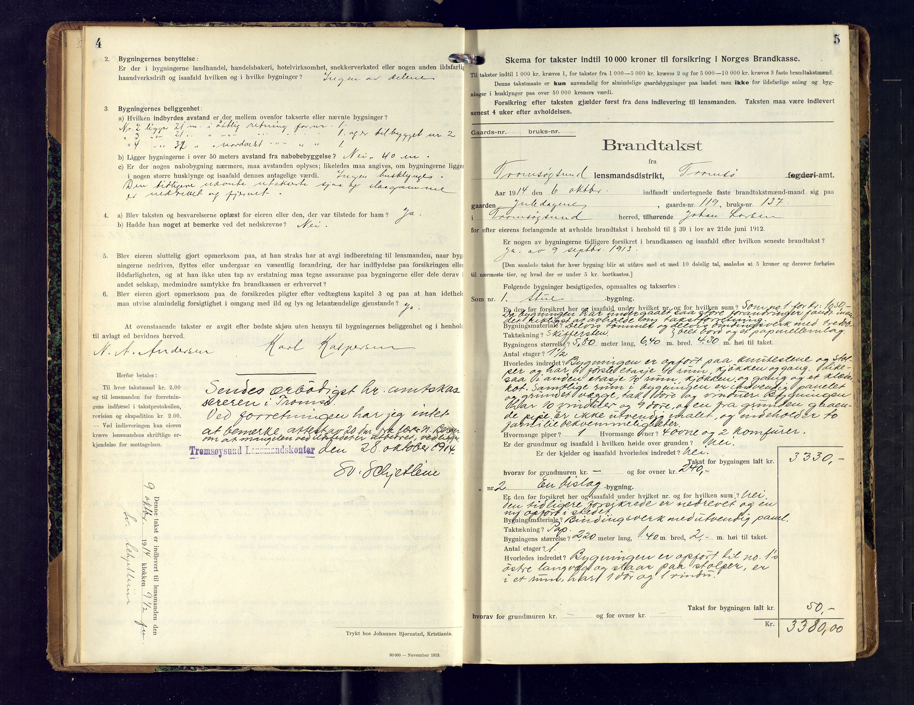Tromsøysund lensmannskontor, AV/SATØ-SATØ-12/F/Fs/Fsb/L0741: Branntakstprotokoll (S).  Med register, 1914-1916, s. 4-5