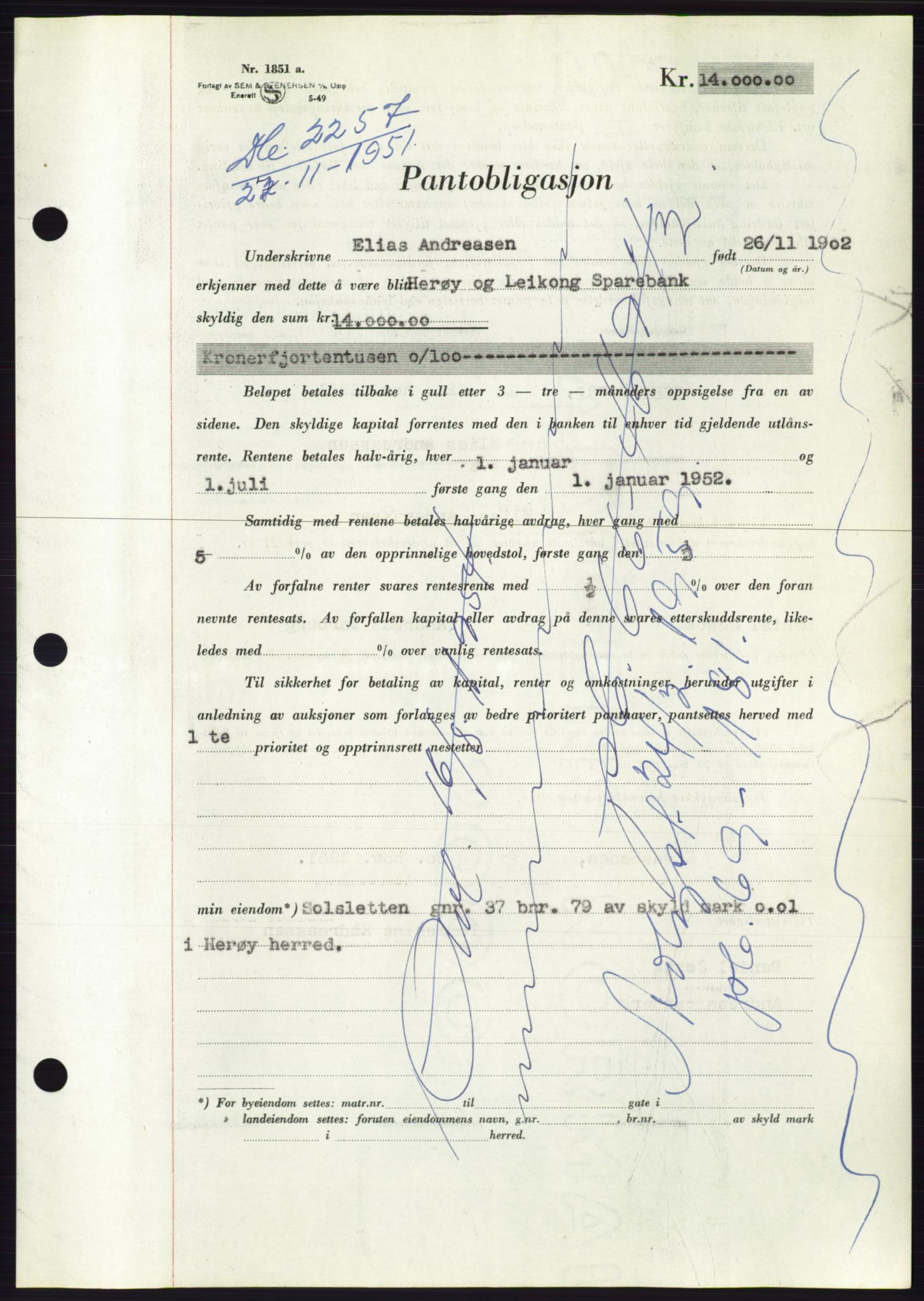 Søre Sunnmøre sorenskriveri, AV/SAT-A-4122/1/2/2C/L0120: Pantebok nr. 8B, 1951-1951, Dagboknr: 2257/1951