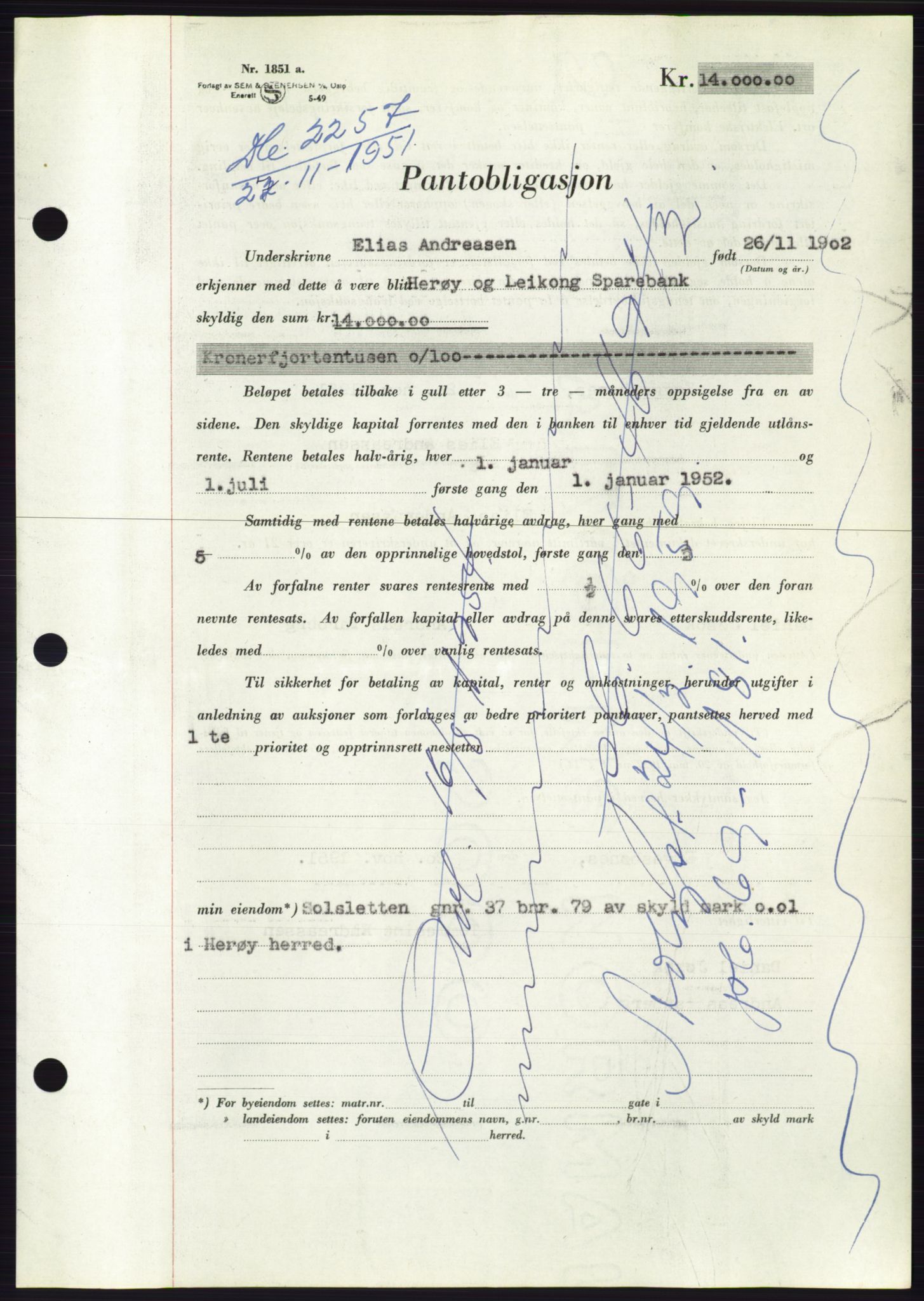 Søre Sunnmøre sorenskriveri, SAT/A-4122/1/2/2C/L0120: Pantebok nr. 8B, 1951-1951, Dagboknr: 2257/1951