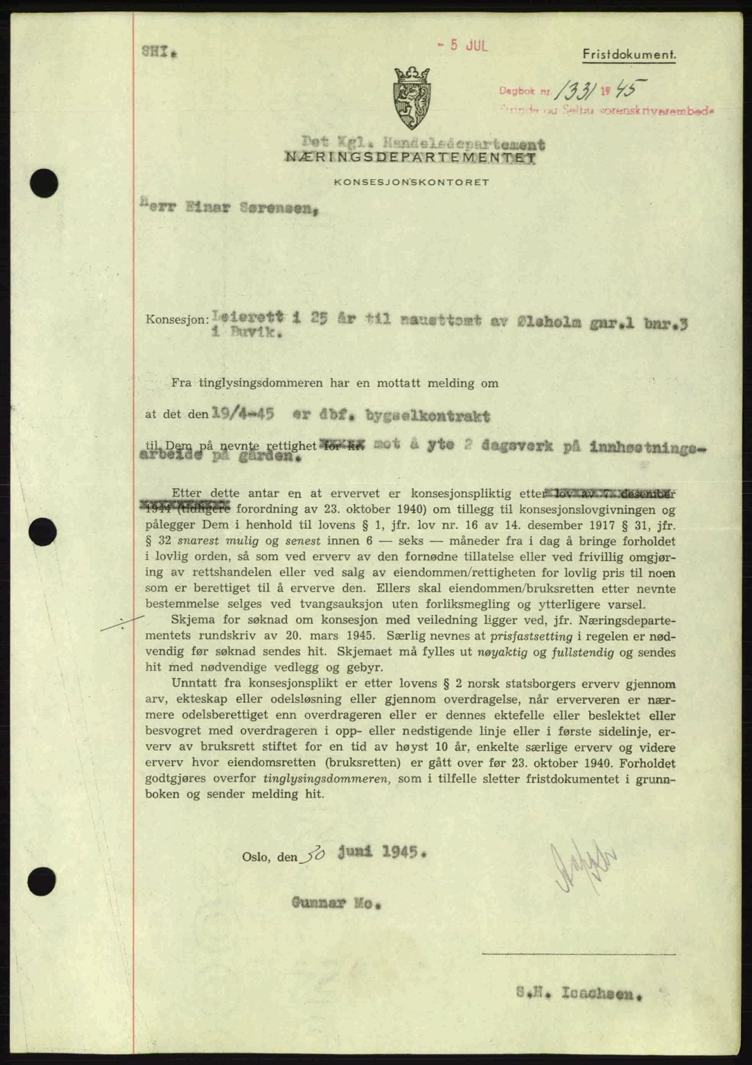 Strinda og Selbu sorenskriveri, SAT/A-0015/2/2C: Pantebok nr. A9, 1944-1945, Dagboknr: 1331/1945