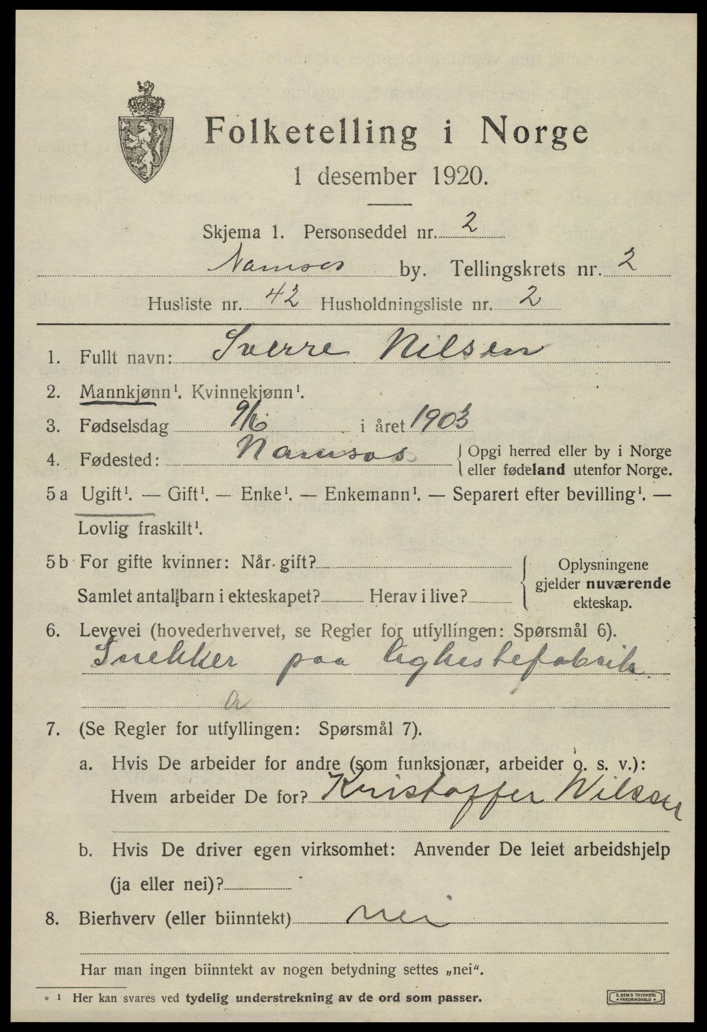 SAT, Folketelling 1920 for 1703 Namsos ladested, 1920, s. 3709
