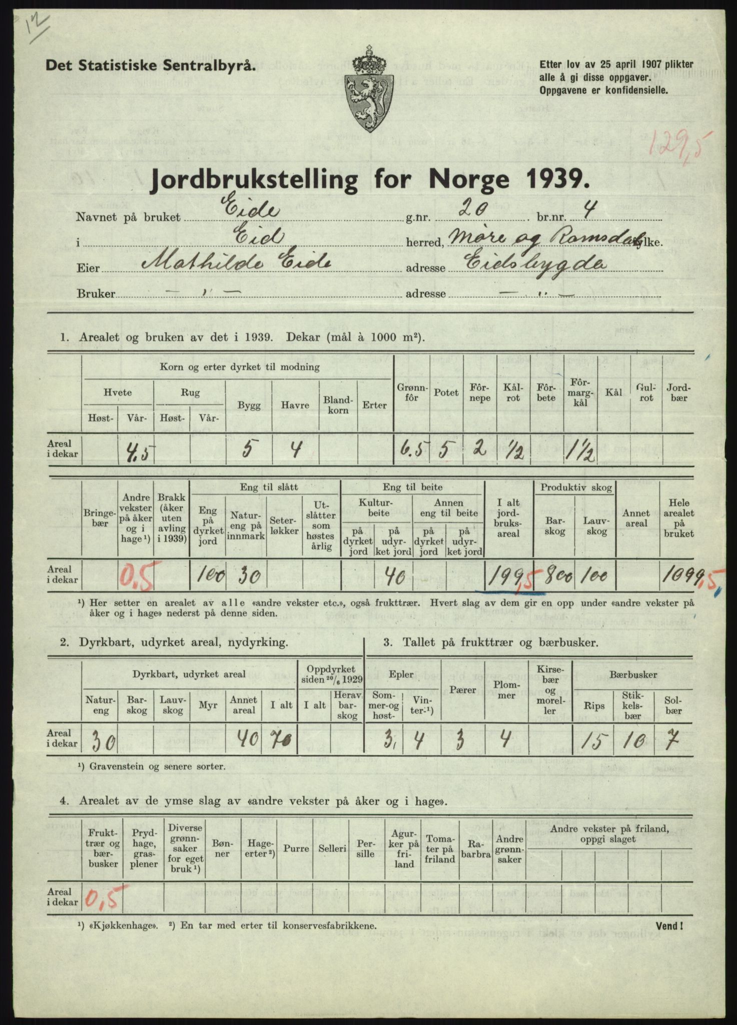 Statistisk sentralbyrå, Næringsøkonomiske emner, Jordbruk, skogbruk, jakt, fiske og fangst, AV/RA-S-2234/G/Gb/L0251: Møre og Romsdal: Voll, Eid, Grytten og Hen, 1939, s. 521