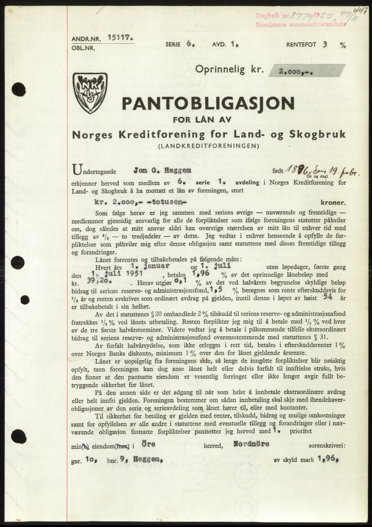 Nordmøre sorenskriveri, SAT/A-4132/1/2/2Ca: Pantebok nr. B106, 1950-1950, Dagboknr: 3779/1950