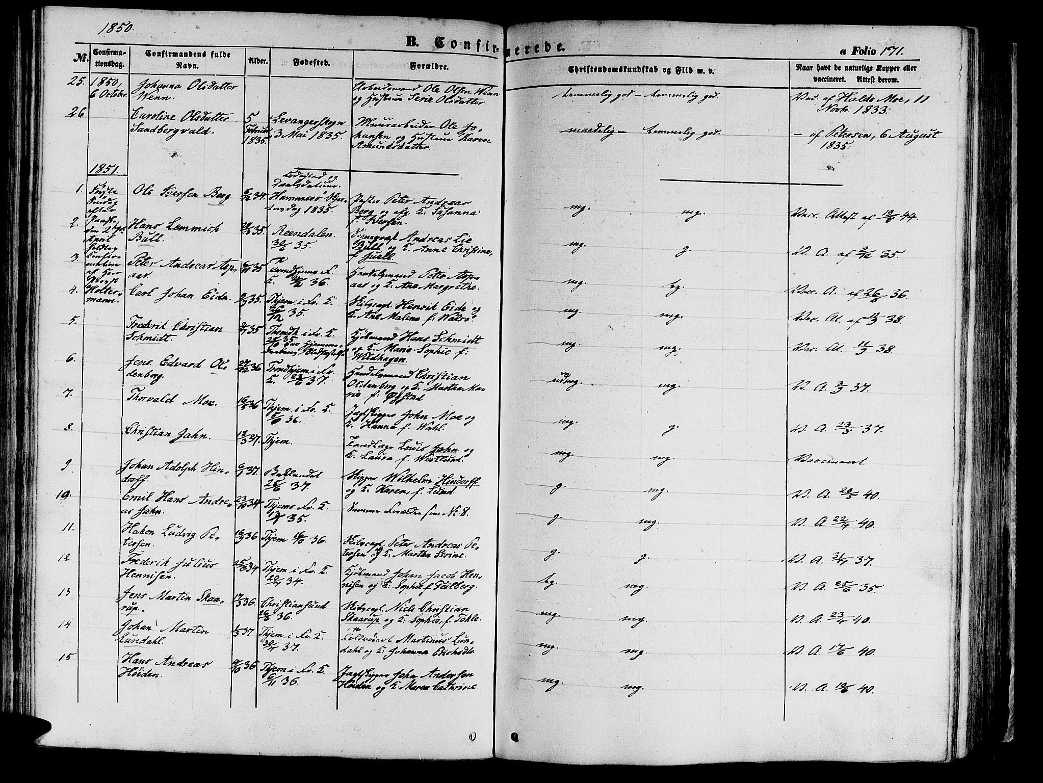 Ministerialprotokoller, klokkerbøker og fødselsregistre - Sør-Trøndelag, SAT/A-1456/602/L0137: Klokkerbok nr. 602C05, 1846-1856, s. 171