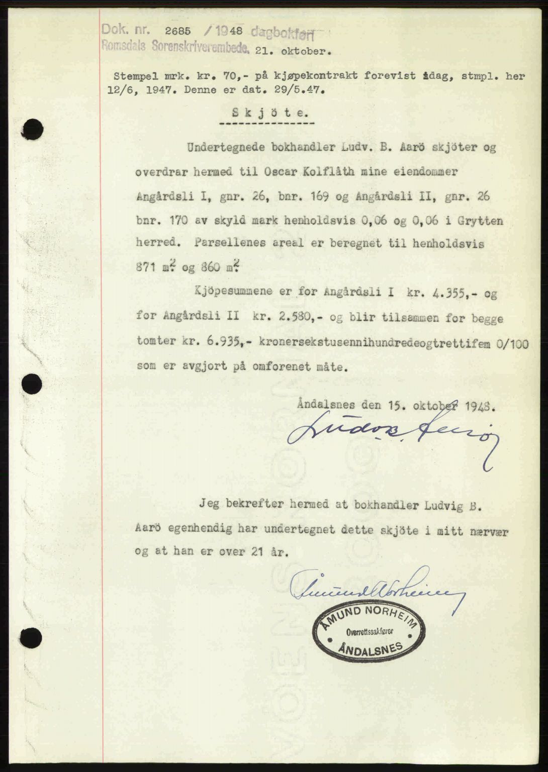 Romsdal sorenskriveri, SAT/A-4149/1/2/2C: Pantebok nr. A27, 1948-1948, Dagboknr: 2685/1948