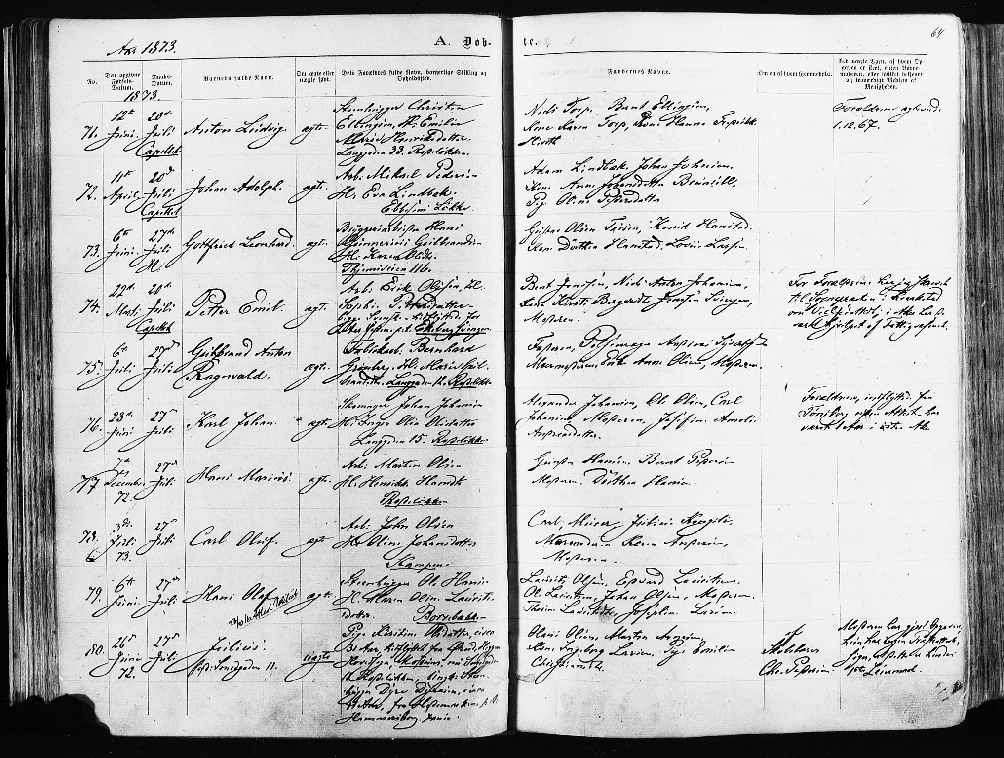Østre Aker prestekontor Kirkebøker, AV/SAO-A-10840/F/Fa/L0003: Ministerialbok nr. I 3, 1869-1875, s. 64