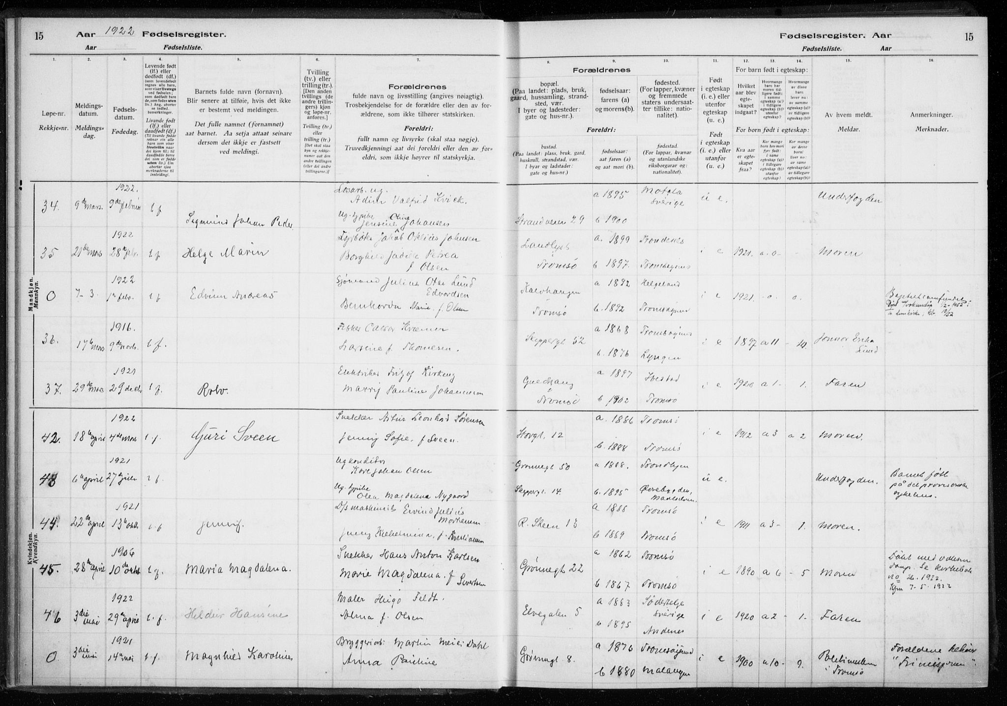 Tromsø sokneprestkontor/stiftsprosti/domprosti, AV/SATØ-S-1343/H/Ha/L0132: Fødselsregister nr. 132, 1921-1927, s. 15