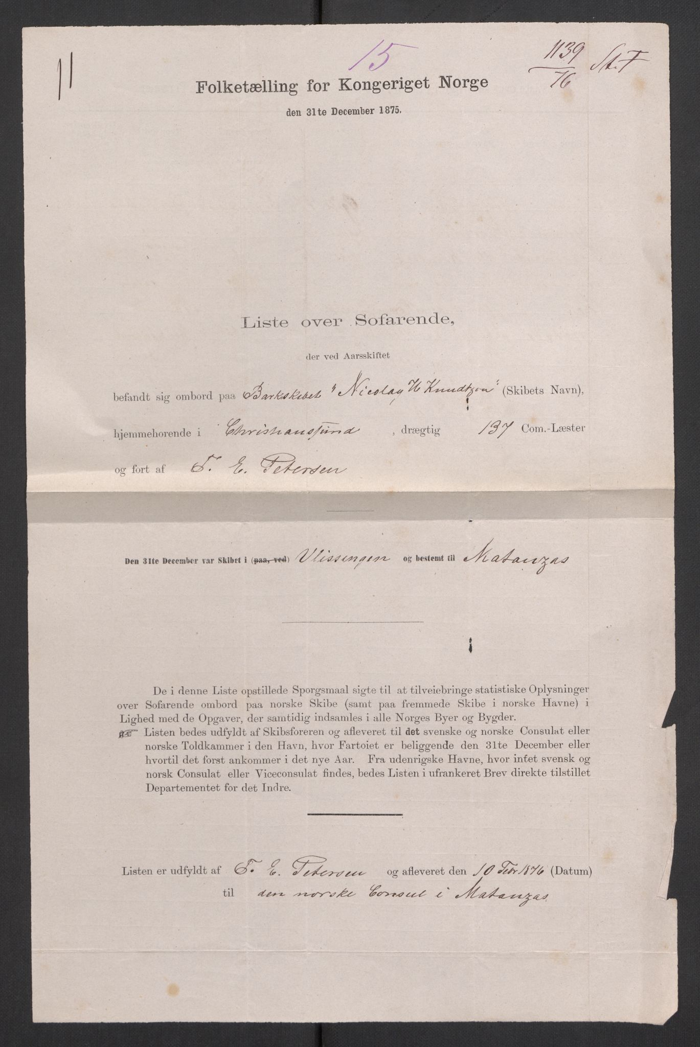 RA, Folketelling 1875, skipslister: Skip i utenrikske havner, hjemmehørende i 1) byer og ladesteder, Grimstad - Tromsø, 2) landdistrikter, 1875, s. 1062