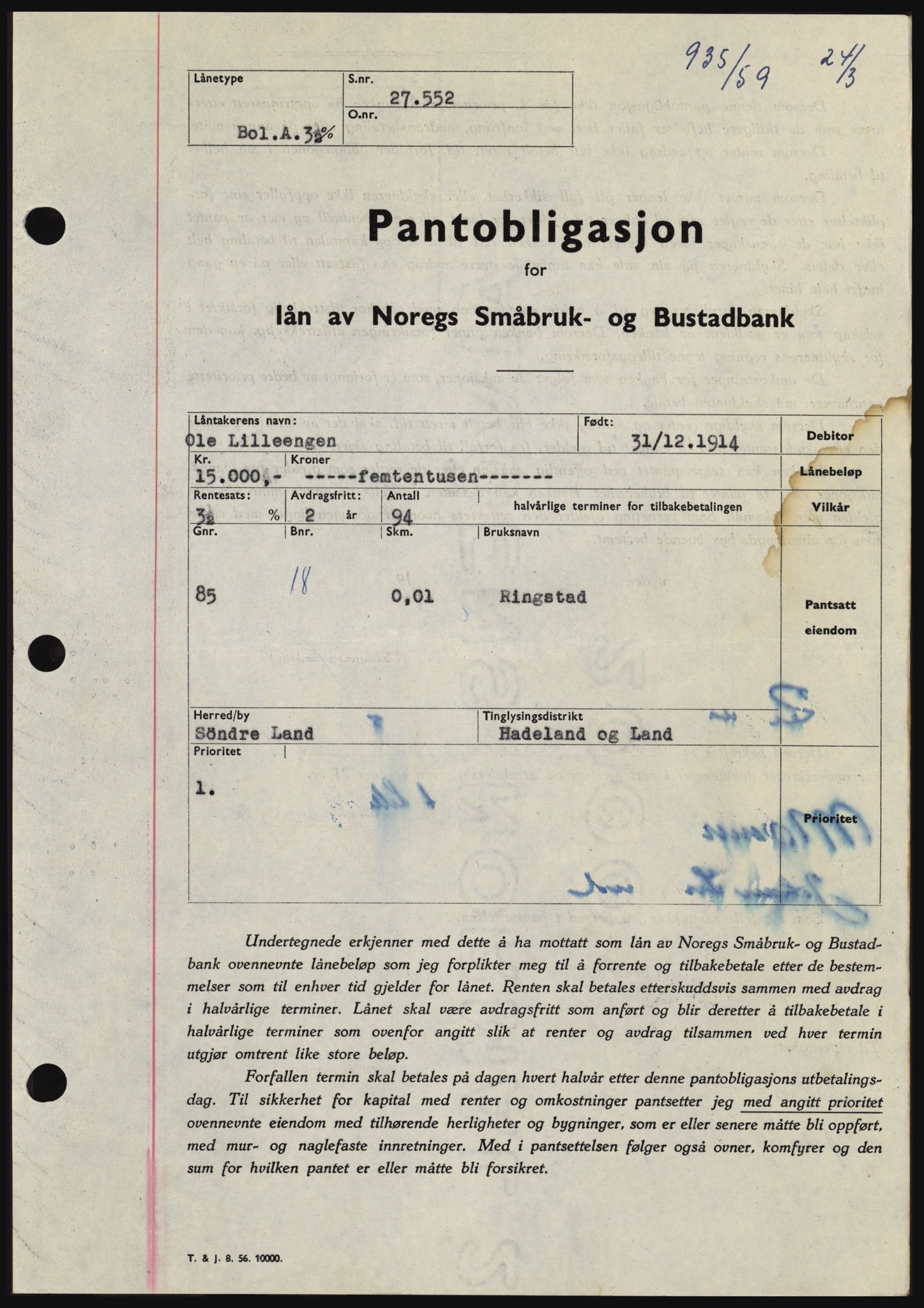 Hadeland og Land tingrett, SAH/TING-010/H/Hb/Hbc/L0040: Pantebok nr. B40, 1959-1959, Dagboknr: 935/1959