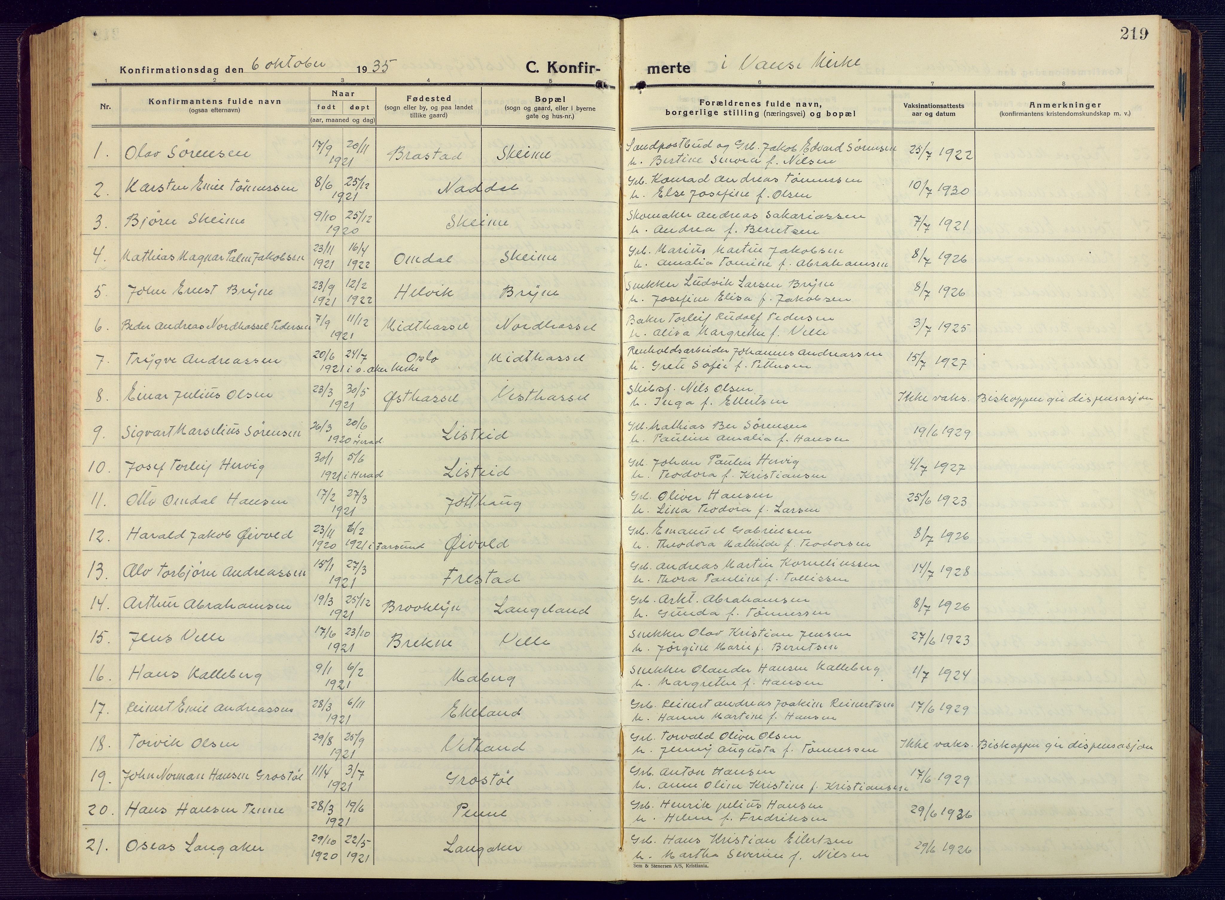 Lista sokneprestkontor, SAK/1111-0027/F/Fb/L0006: Klokkerbok nr. B 6, 1924-1947, s. 219