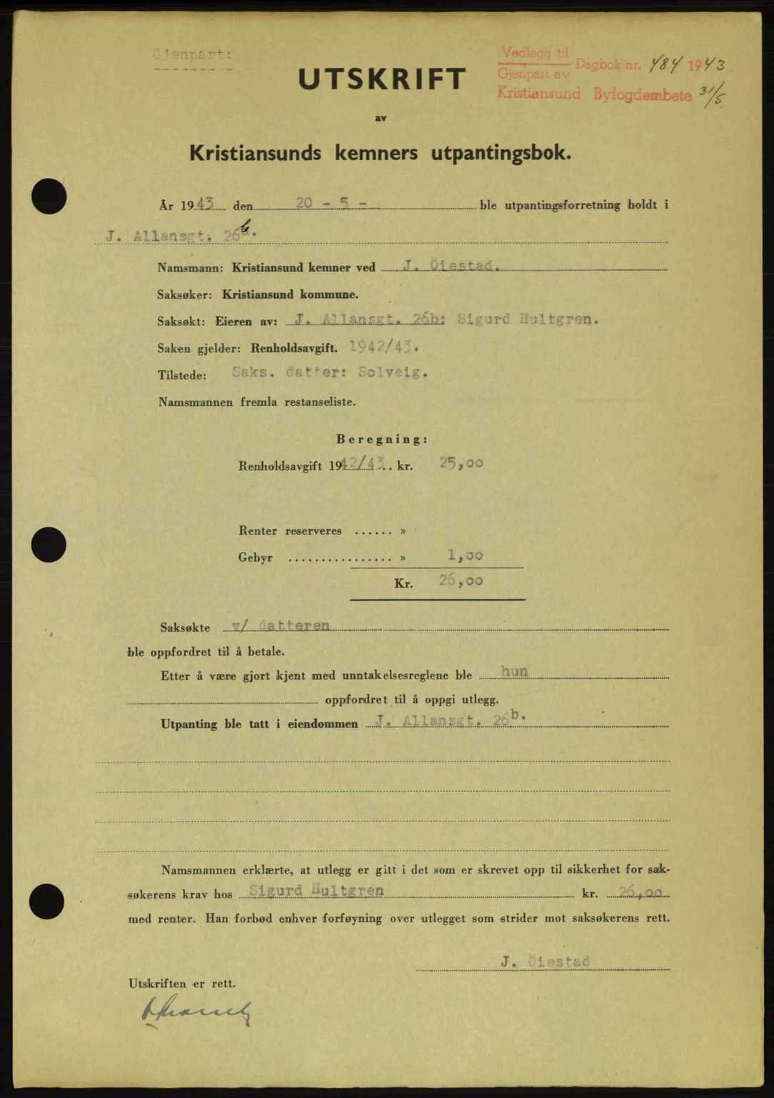 Kristiansund byfogd, SAT/A-4587/A/27: Pantebok nr. 36, 1942-1943, Dagboknr: 484/1943