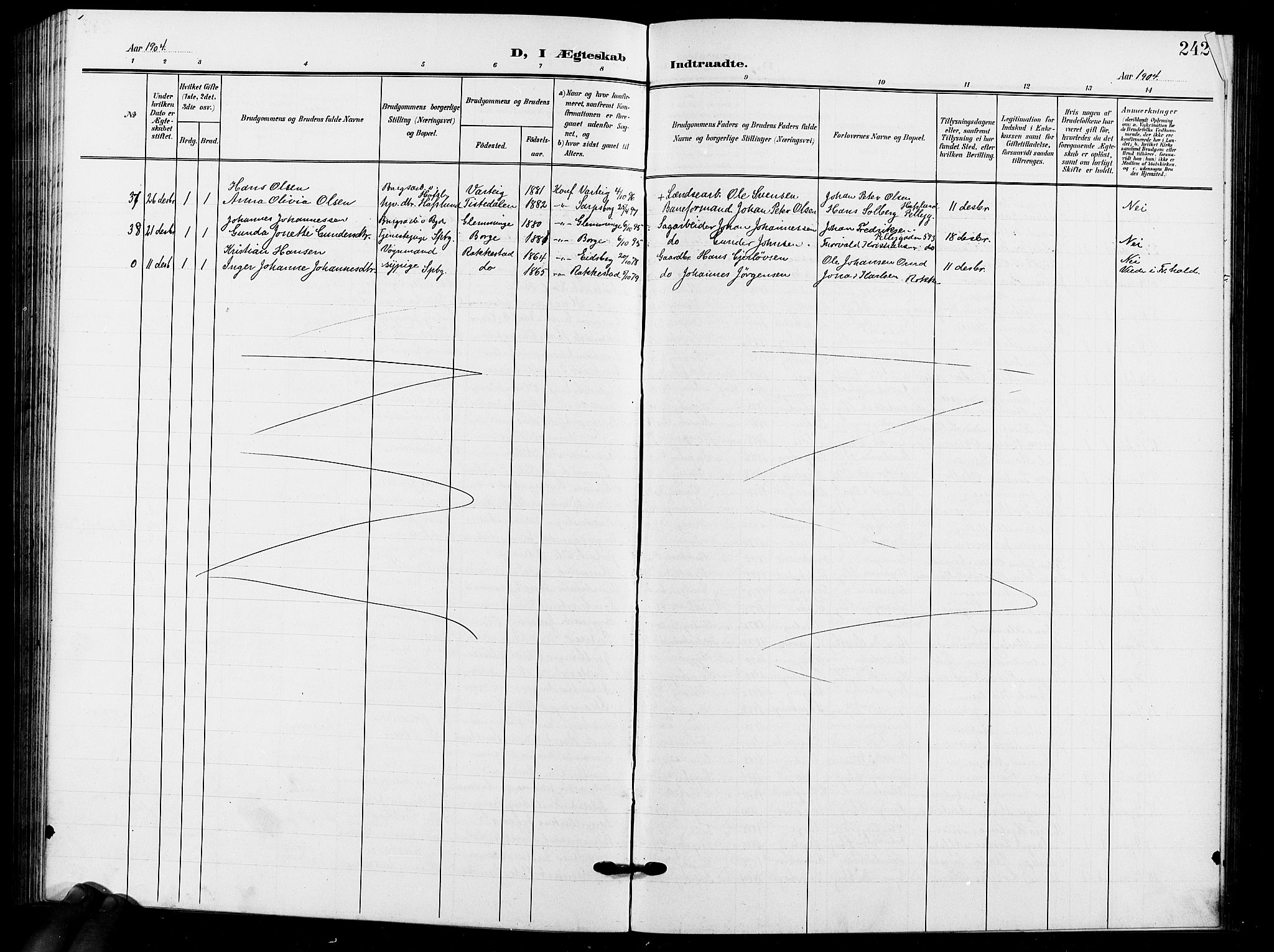 Sarpsborg prestekontor Kirkebøker, SAO/A-2006/G/Ga/L0001: Klokkerbok nr. 1, 1902-1911, s. 242