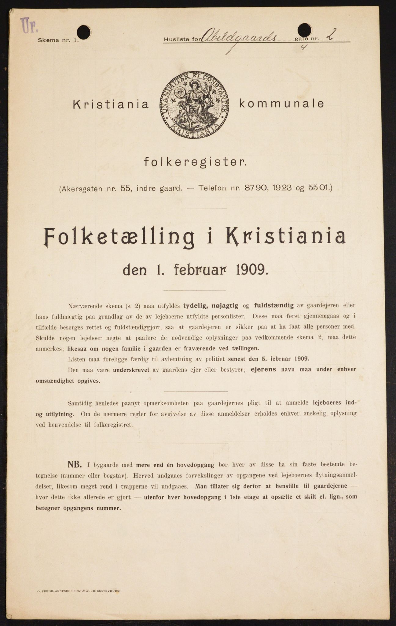 OBA, Kommunal folketelling 1.2.1909 for Kristiania kjøpstad, 1909, s. 2