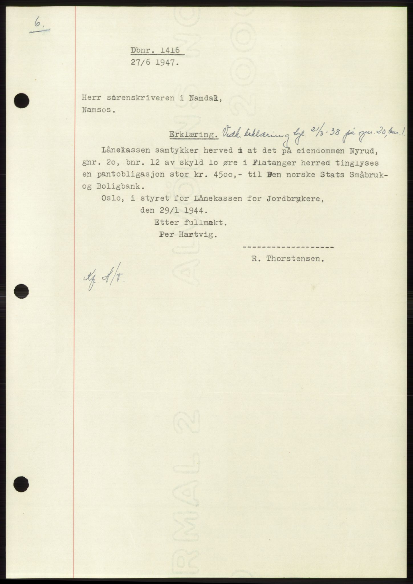 Namdal sorenskriveri, SAT/A-4133/1/2/2C: Pantebok nr. -, 1947-1947, Dagboknr: 1416/1947