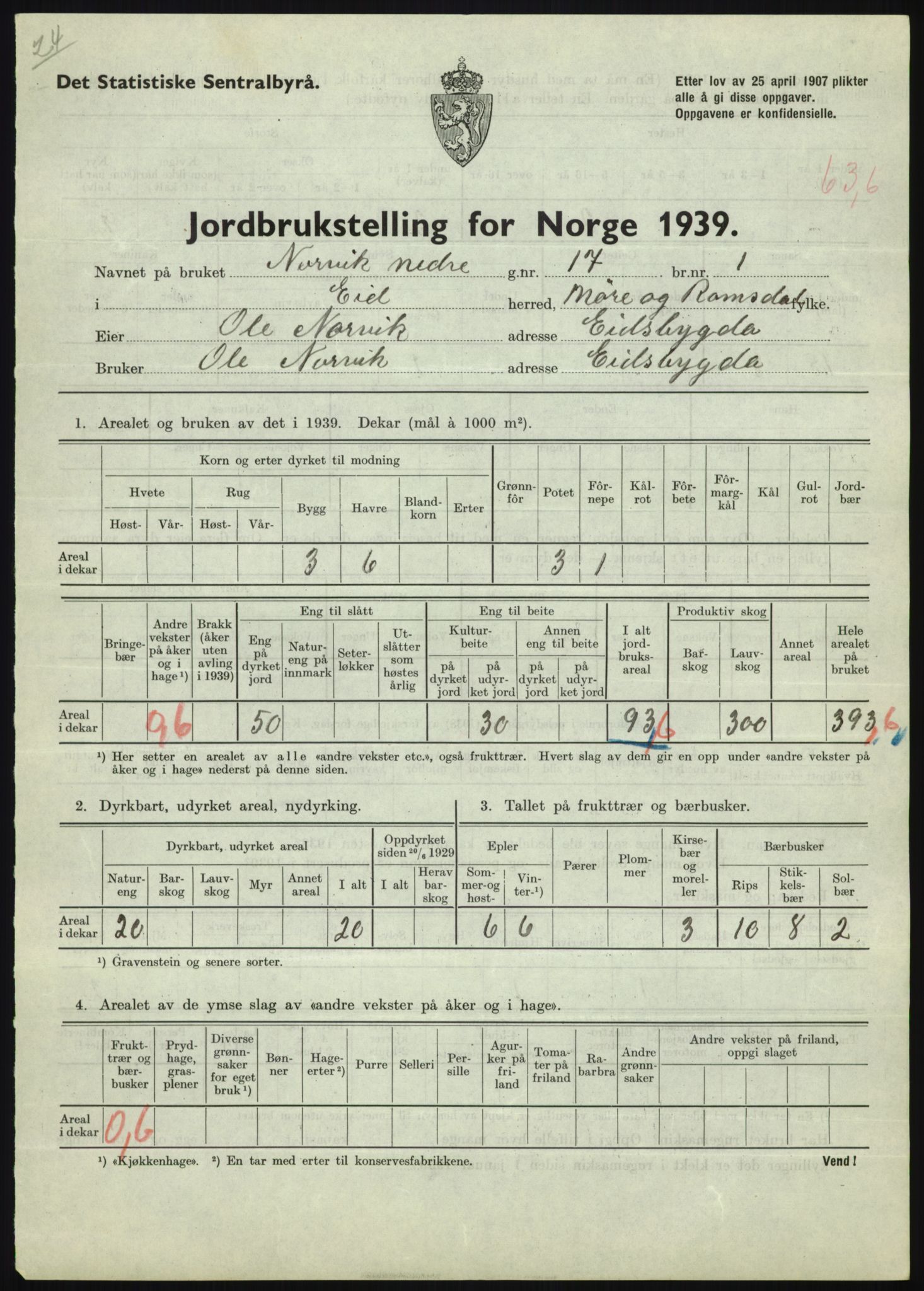 Statistisk sentralbyrå, Næringsøkonomiske emner, Jordbruk, skogbruk, jakt, fiske og fangst, AV/RA-S-2234/G/Gb/L0251: Møre og Romsdal: Voll, Eid, Grytten og Hen, 1939, s. 487