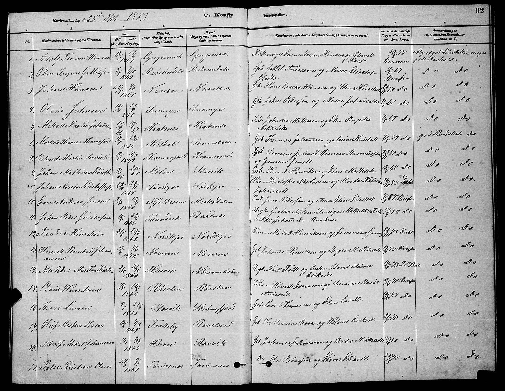 Skjervøy sokneprestkontor, AV/SATØ-S-1300/H/Ha/Hab/L0020klokker: Klokkerbok nr. 20, 1878-1892, s. 92