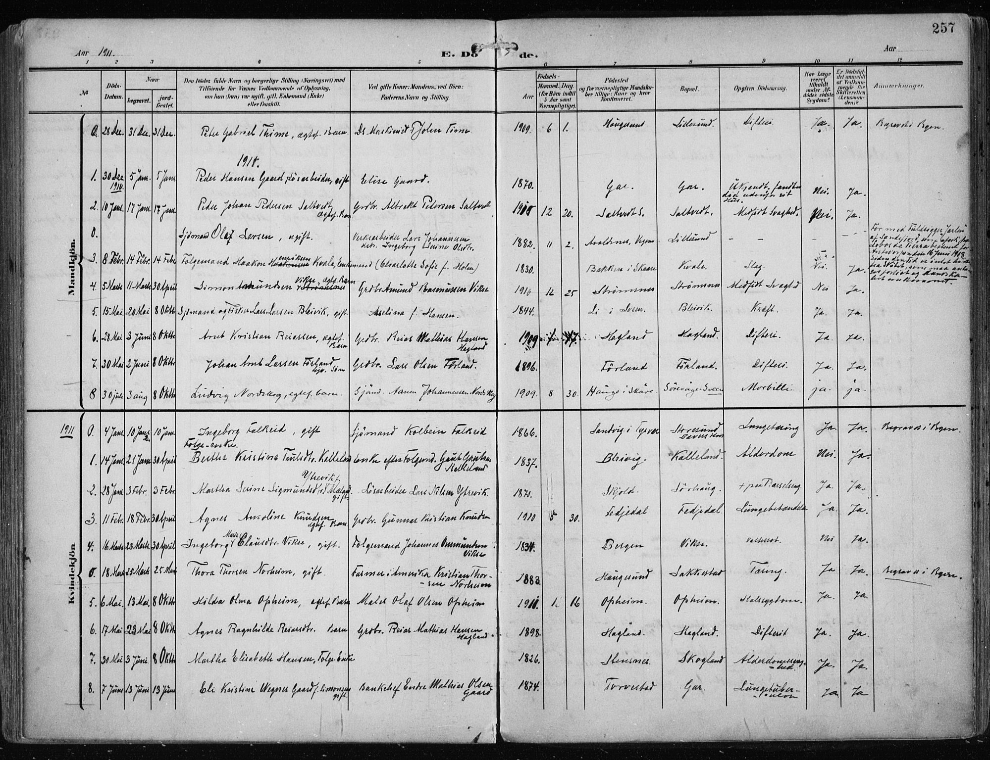 Haugesund sokneprestkontor, SAST/A -101863/H/Ha/Haa/L0010: Ministerialbok nr. A 10, 1909-1935, s. 257