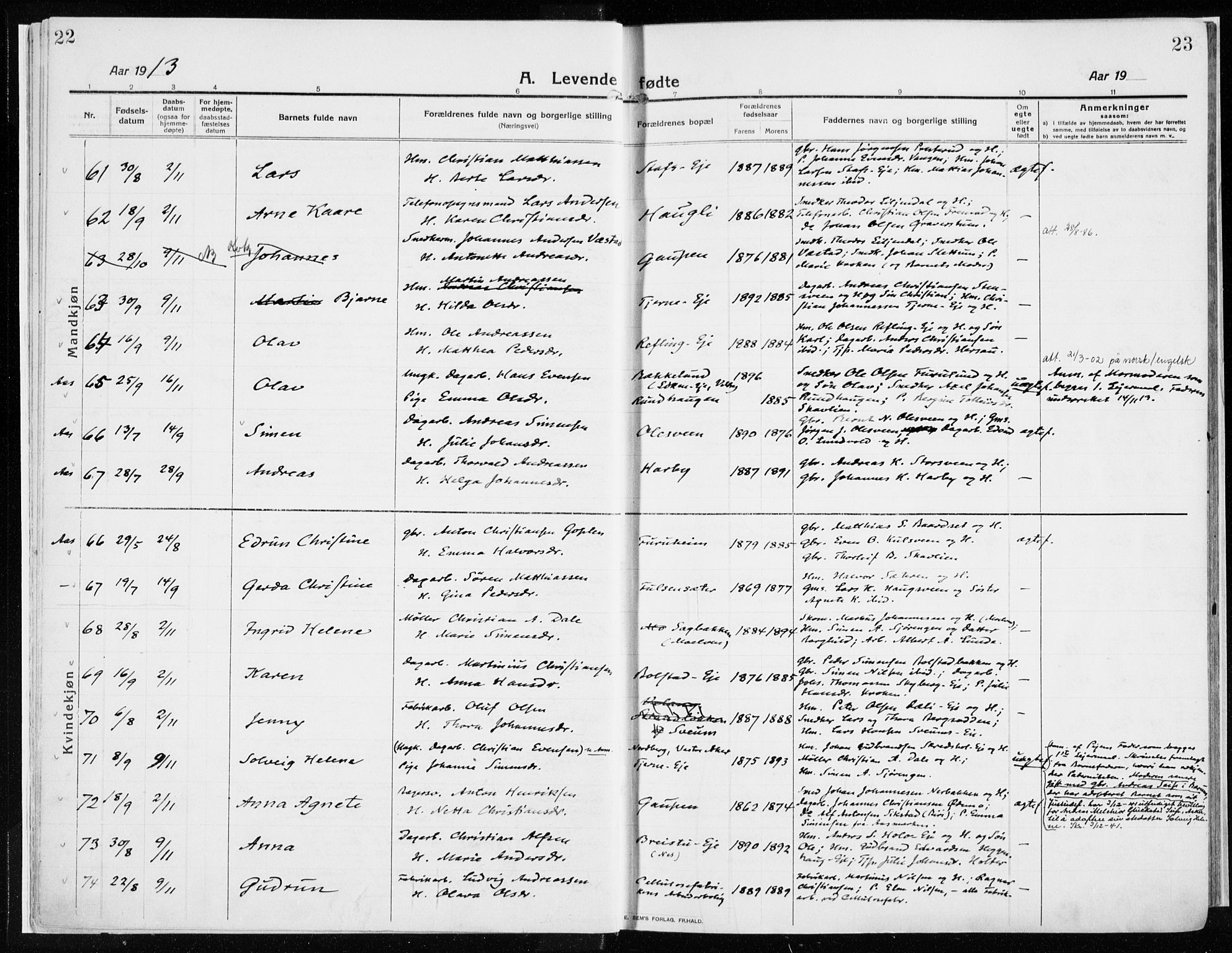 Ringsaker prestekontor, AV/SAH-PREST-014/K/Ka/L0020: Ministerialbok nr. 20, 1913-1922, s. 22-23