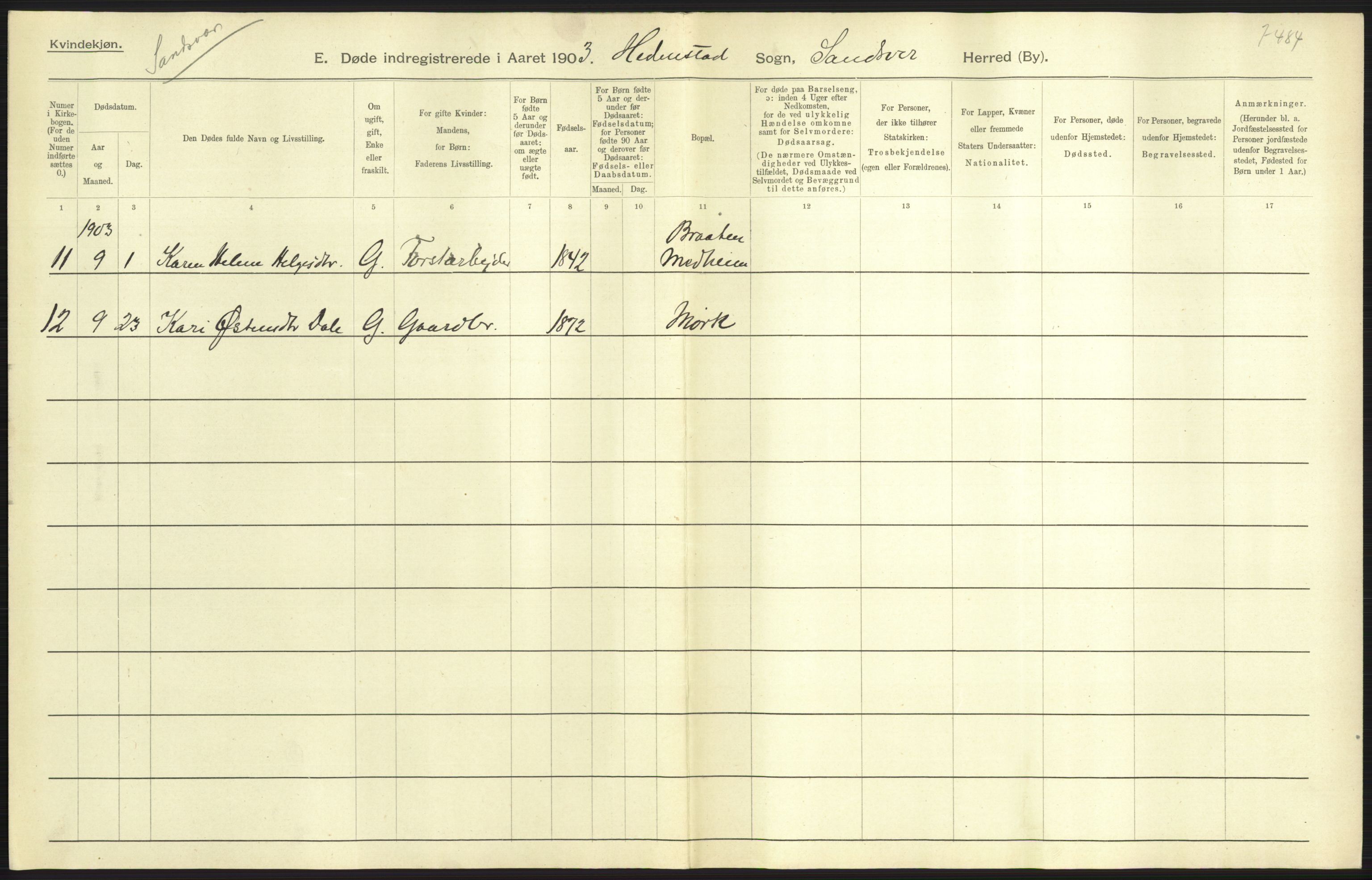 Statistisk sentralbyrå, Sosiodemografiske emner, Befolkning, AV/RA-S-2228/D/Df/Dfa/Dfaa/L0007: Buskeruds amt: Fødte, gifte, døde, 1903, s. 567