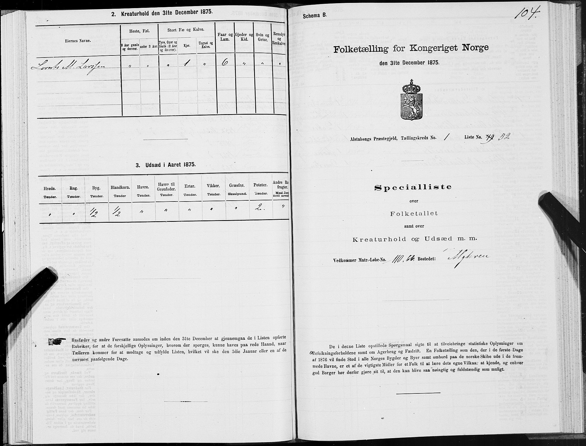 SAT, Folketelling 1875 for 1820P Alstahaug prestegjeld, 1875, s. 1104