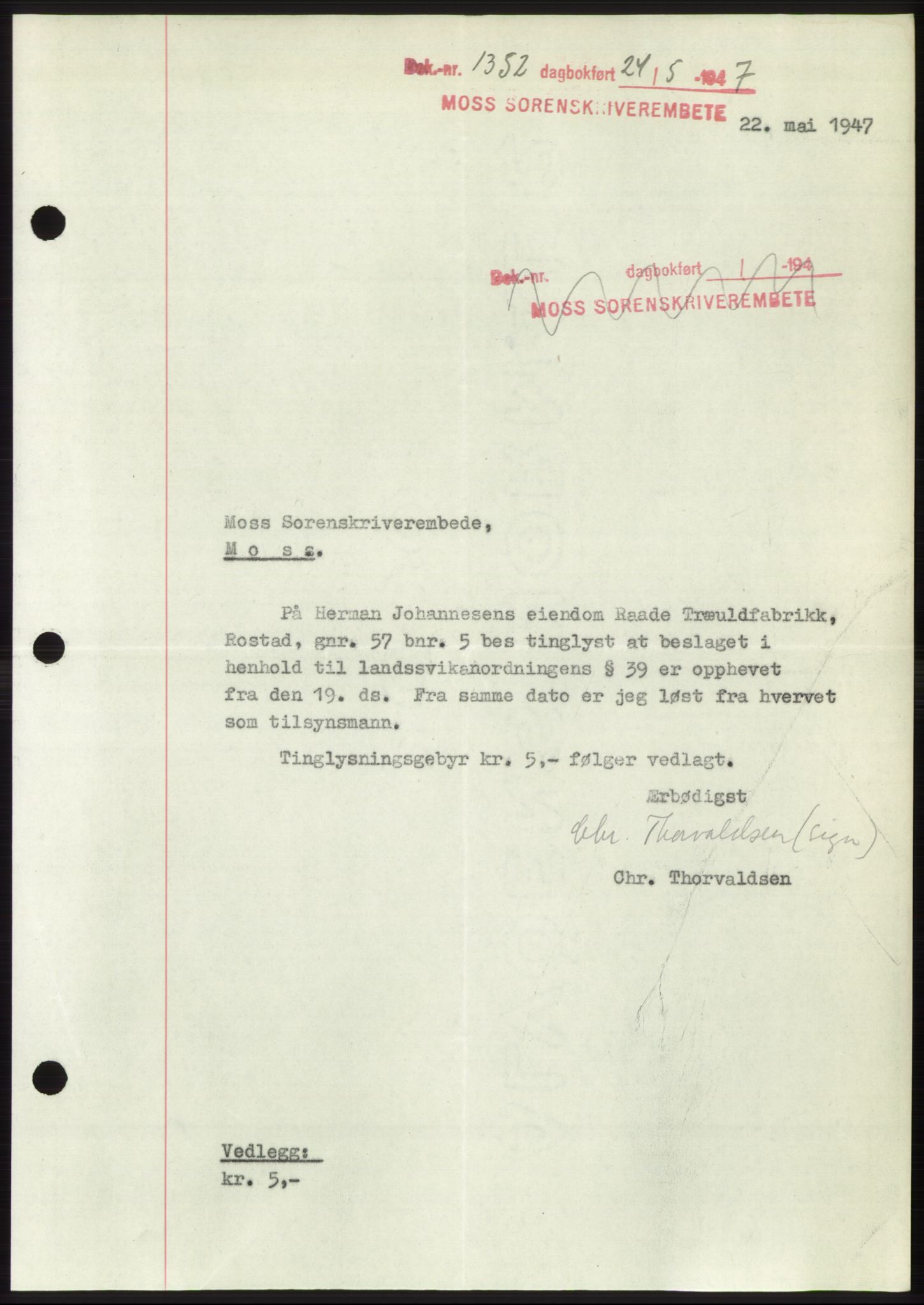 Moss sorenskriveri, SAO/A-10168: Pantebok nr. B17, 1947-1947, Dagboknr: 1352/1947