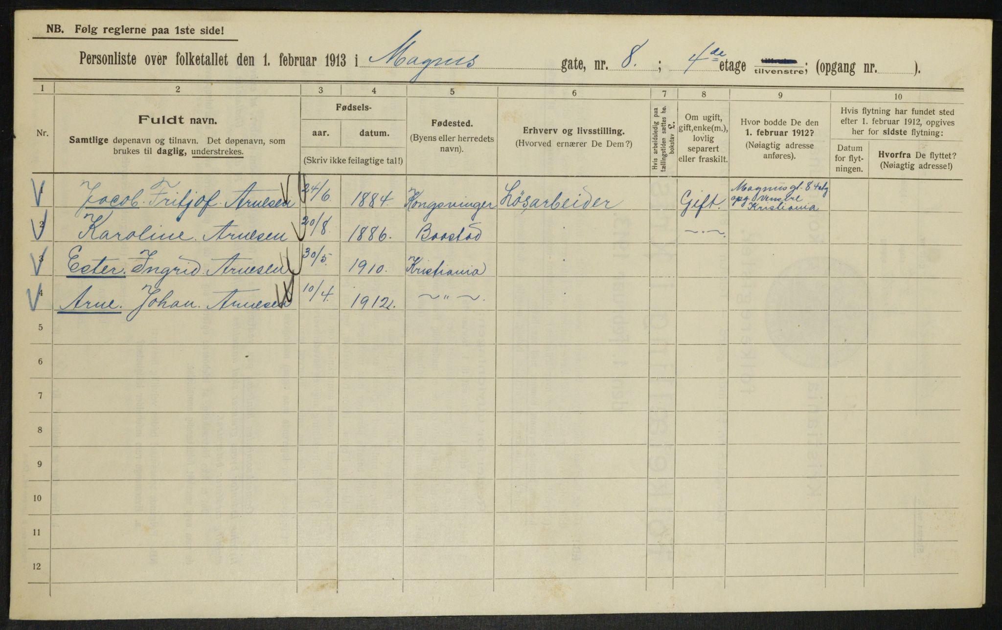 OBA, Kommunal folketelling 1.2.1913 for Kristiania, 1913, s. 59396