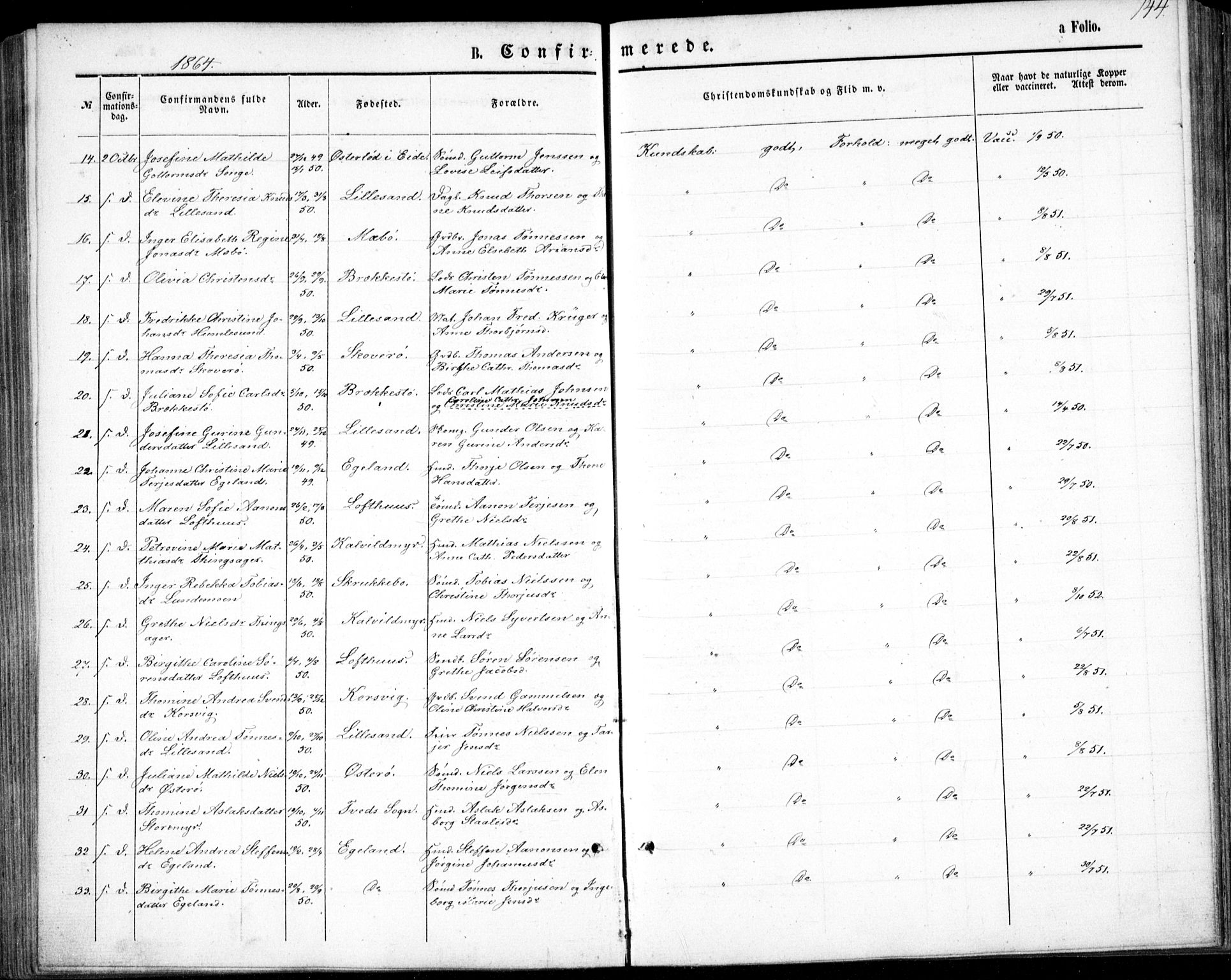 Vestre Moland sokneprestkontor, SAK/1111-0046/F/Fb/Fbb/L0004: Klokkerbok nr. B 4, 1861-1872, s. 144