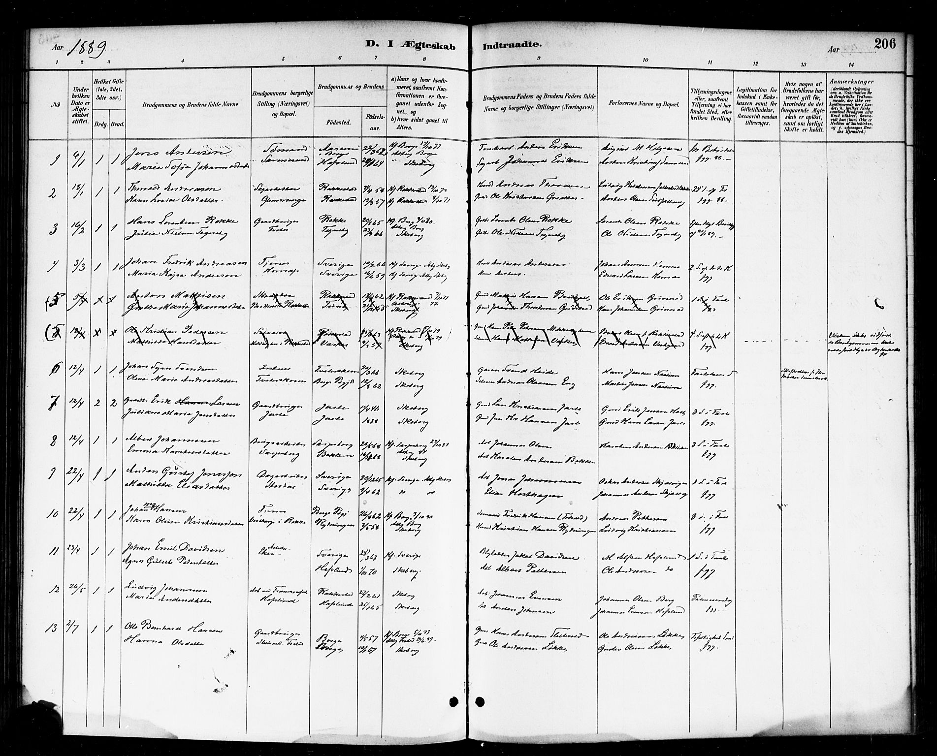 Skjeberg prestekontor Kirkebøker, SAO/A-10923/F/Fa/L0009: Ministerialbok nr. I 9, 1886-1897, s. 206