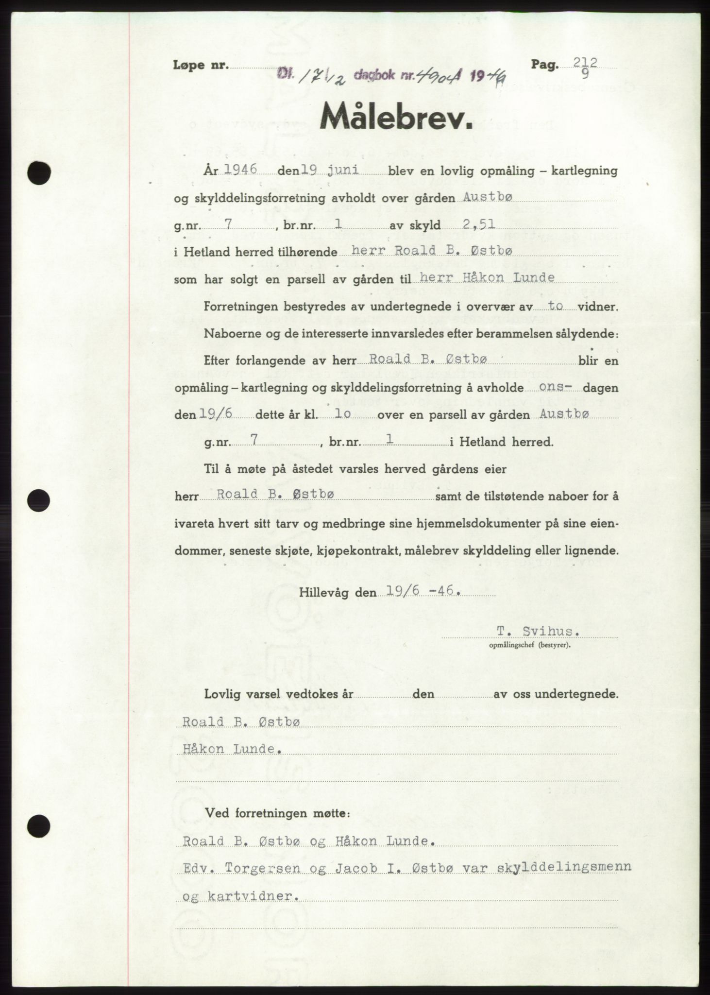 Jæren sorenskriveri, SAST/A-100310/03/G/Gba/L0092: Pantebok, 1946-1946, Dagboknr: 4904/1946