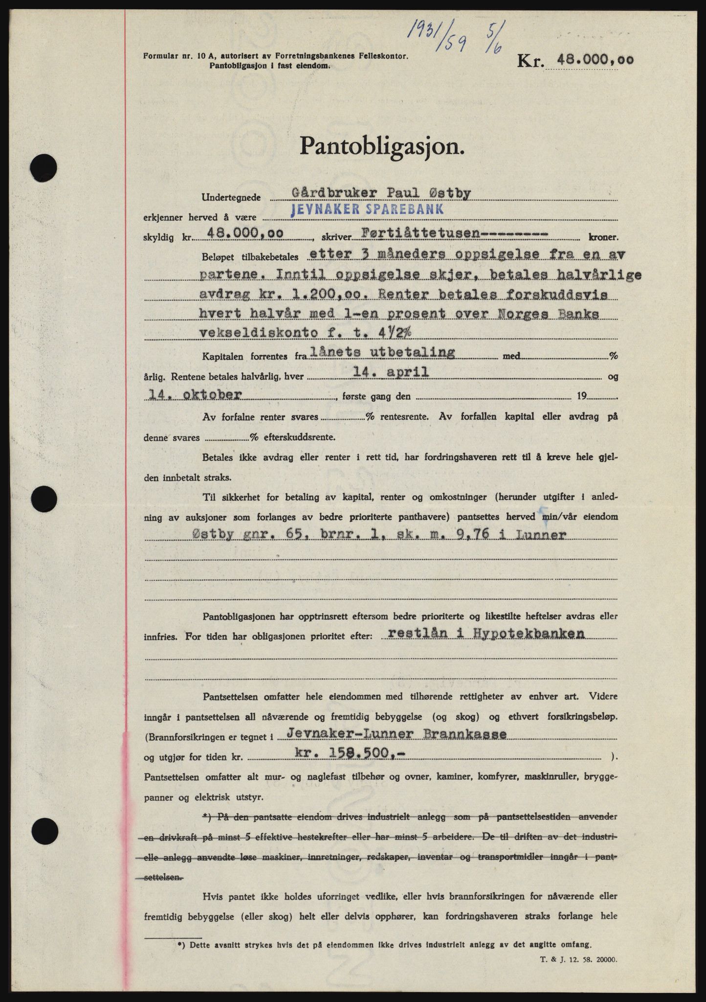 Hadeland og Land tingrett, SAH/TING-010/H/Hb/Hbc/L0040: Pantebok nr. B40, 1959-1959, Dagboknr: 1931/1959