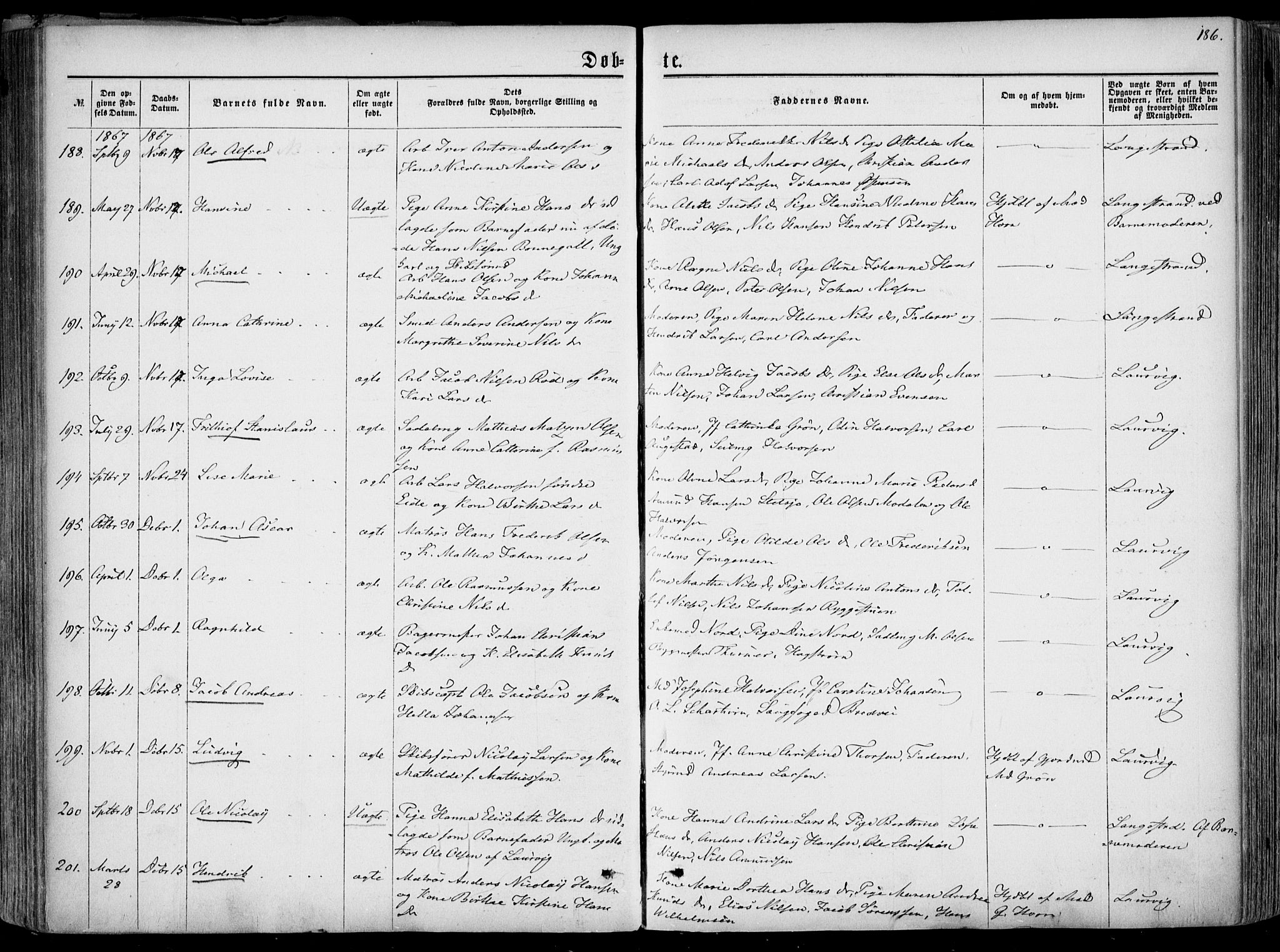 Larvik kirkebøker, AV/SAKO-A-352/F/Fa/L0004: Ministerialbok nr. I 4, 1856-1870, s. 186