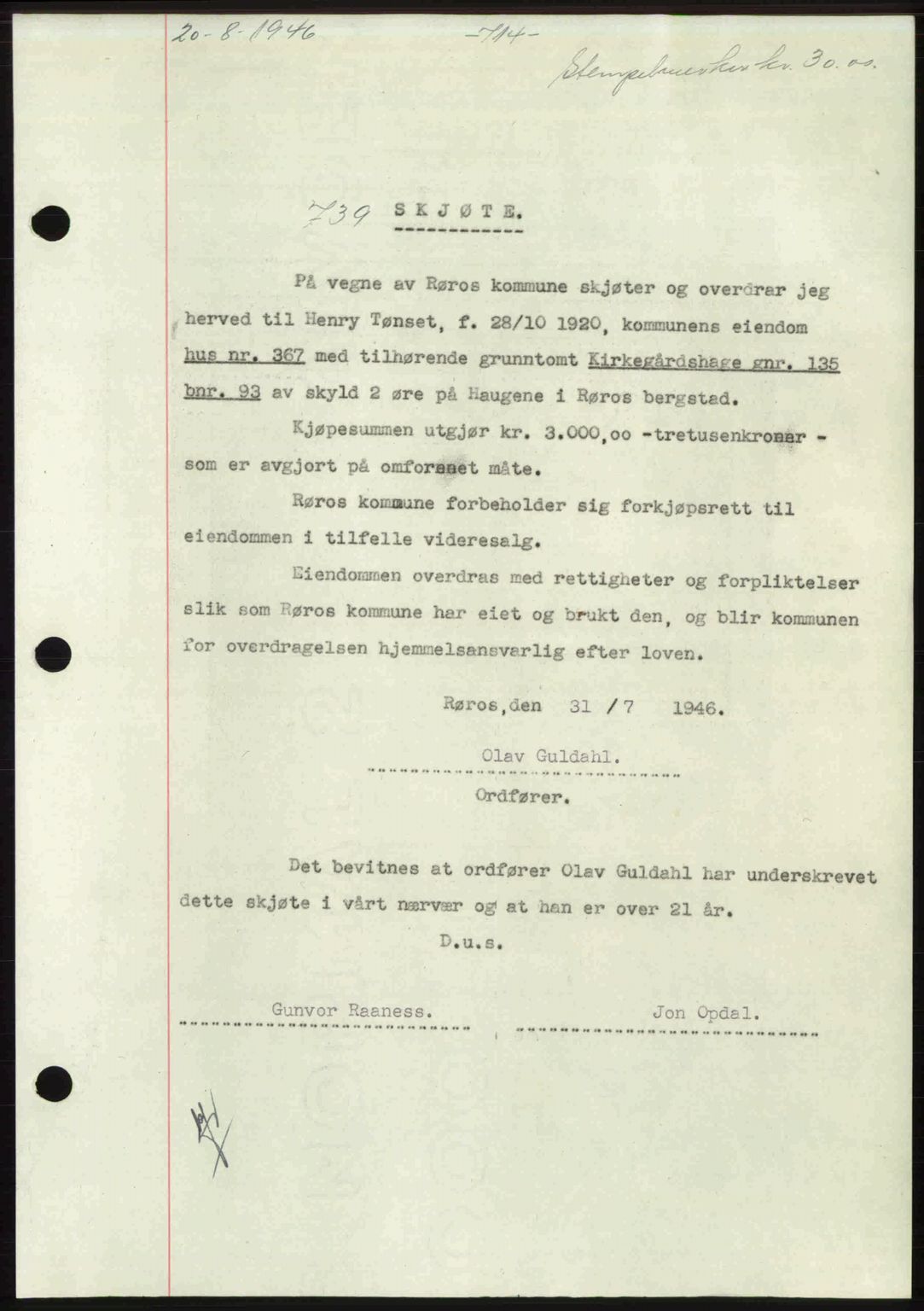 Gauldal sorenskriveri, SAT/A-0014/1/2/2C: Pantebok nr. A2, 1946-1946, Dagboknr: 739/1946