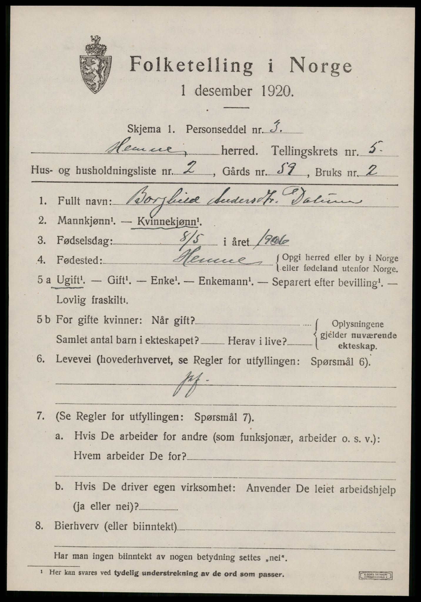 SAT, Folketelling 1920 for 1612 Hemne herred, 1920, s. 3114