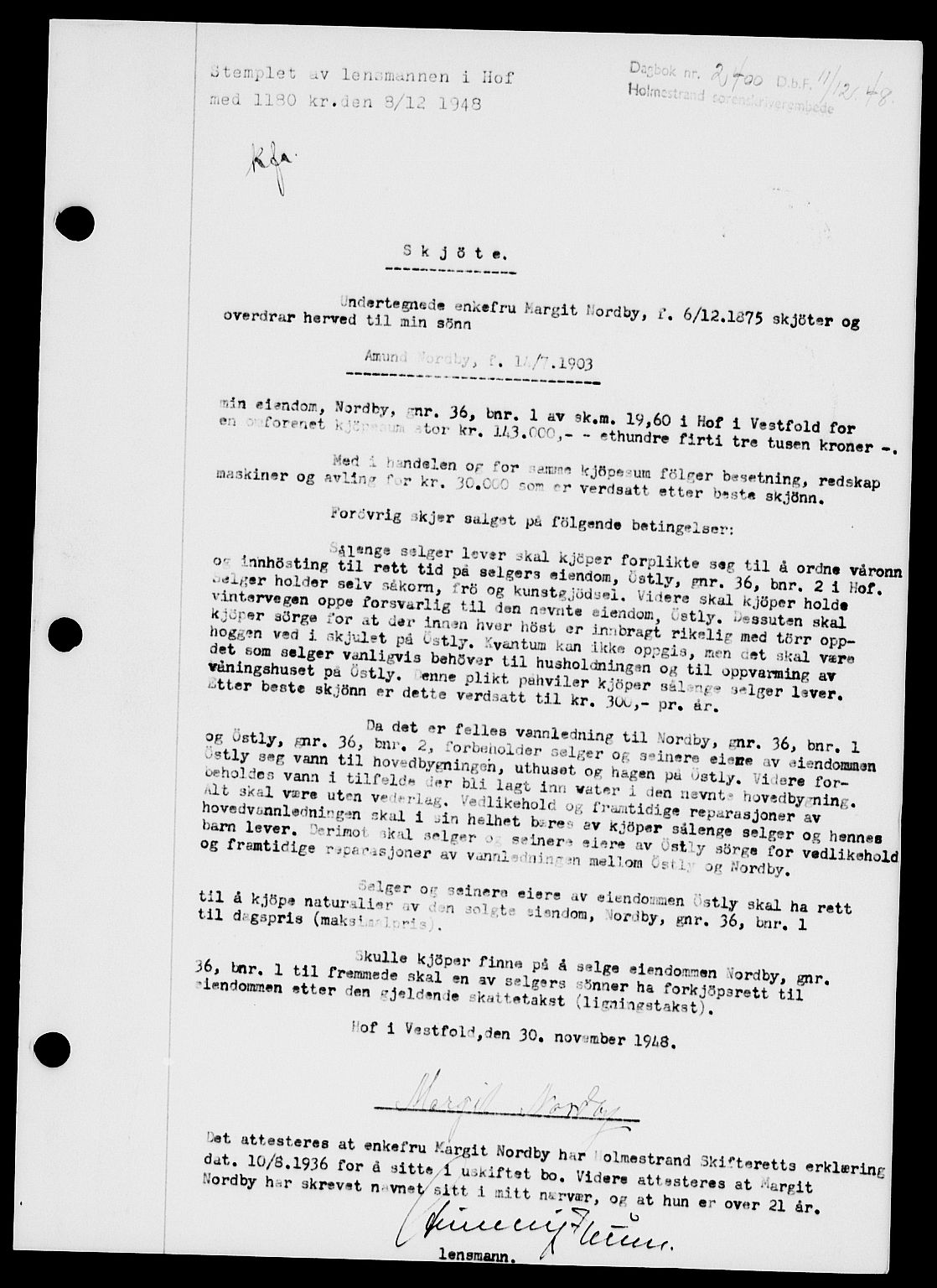 Holmestrand sorenskriveri, SAKO/A-67/G/Ga/Gaa/L0065: Pantebok nr. A-65, 1948-1949, Dagboknr: 2400/1948