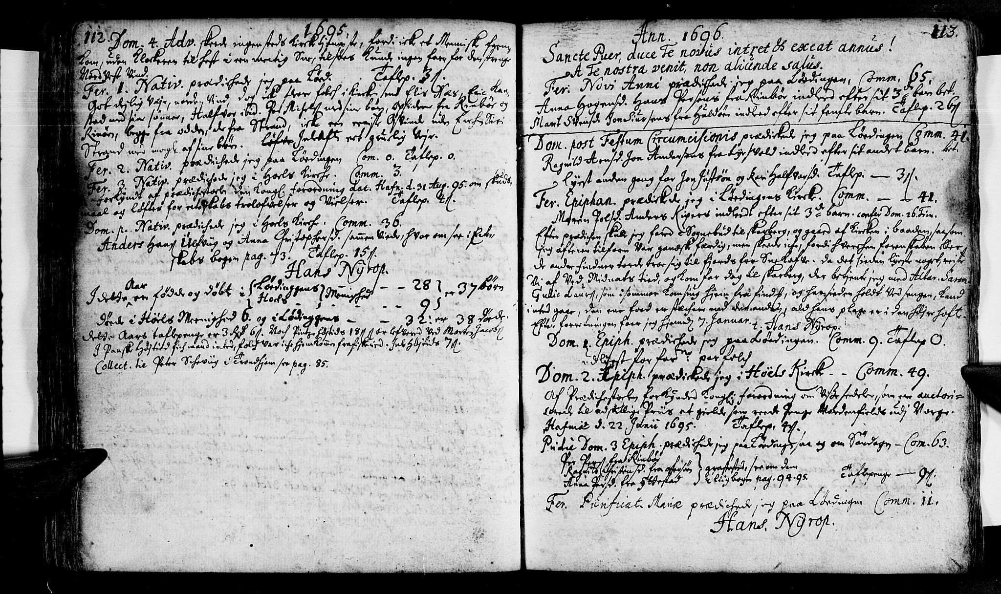 Ministerialprotokoller, klokkerbøker og fødselsregistre - Nordland, AV/SAT-A-1459/872/L1026: Ministerialbok nr. 872A01, 1691-1697, s. 112-113