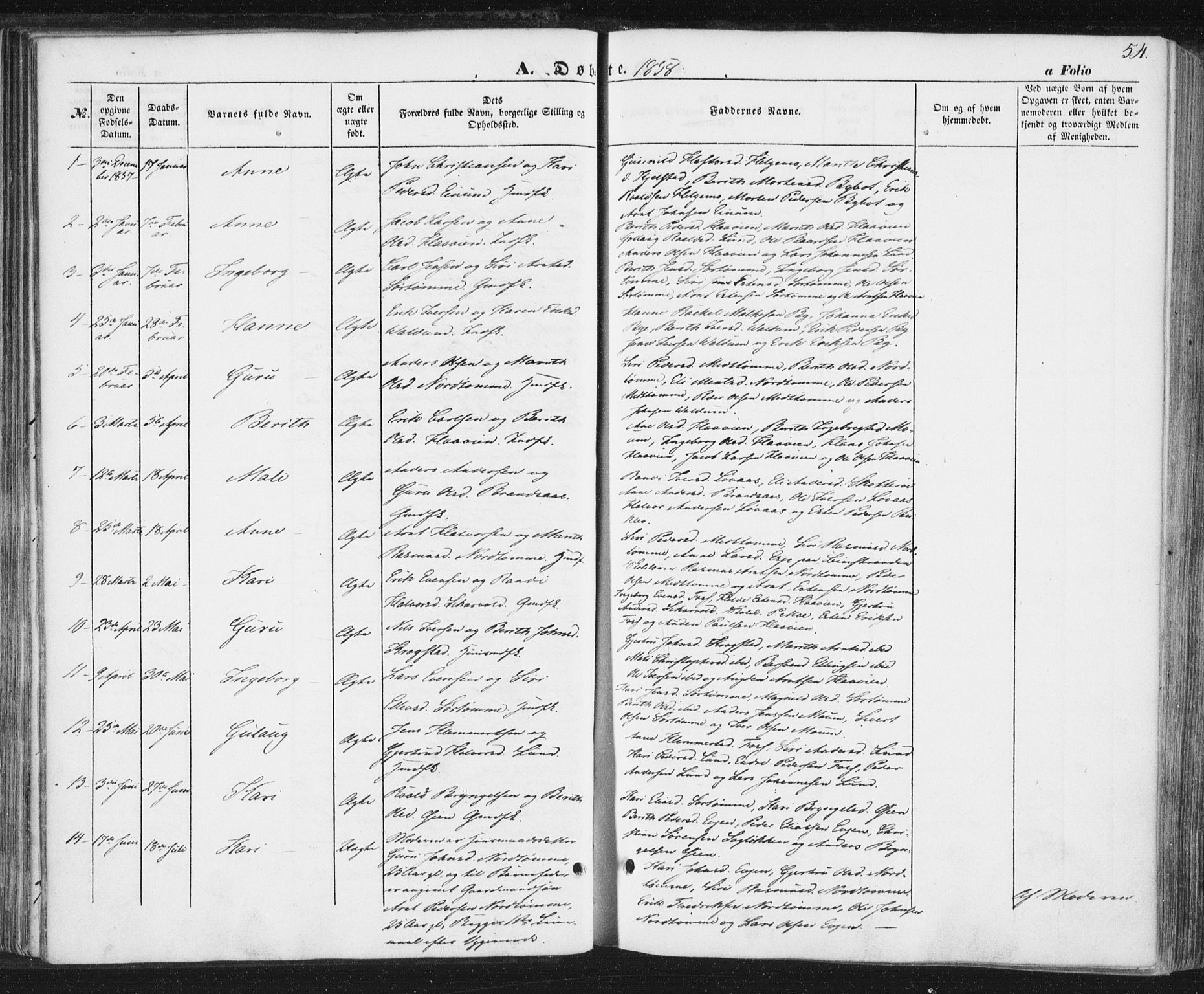 Ministerialprotokoller, klokkerbøker og fødselsregistre - Sør-Trøndelag, SAT/A-1456/692/L1103: Ministerialbok nr. 692A03, 1849-1870, s. 54